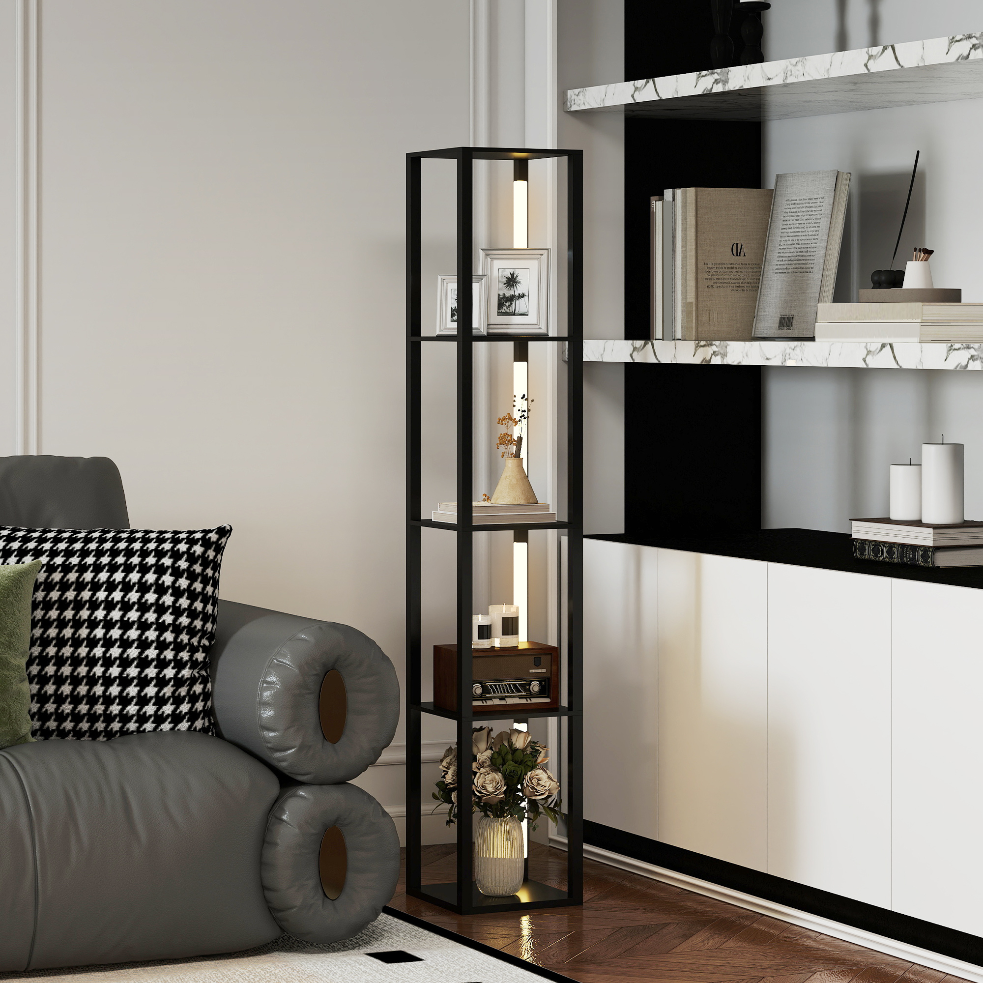 Stehlampe Mit 4 Ablagen, Dimmbarem Licht Mit 3 Helligkeitsstufen Und Fußschalter, Stehlampe Für Wohnzimmer, Lounge Und Schlafzimmer, 29 X 29 X 163 Cm, Schwarz