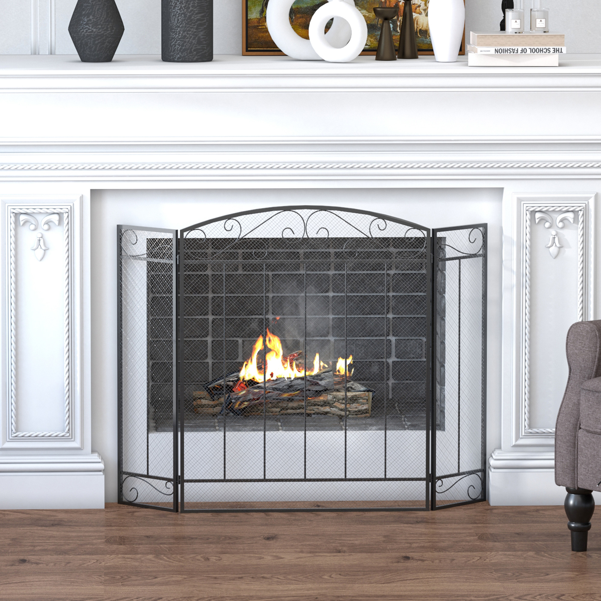 Kamin-funkenschutzgitter 105 X 80,5 Cm, 3-teilig, Faltbar, Schwarz