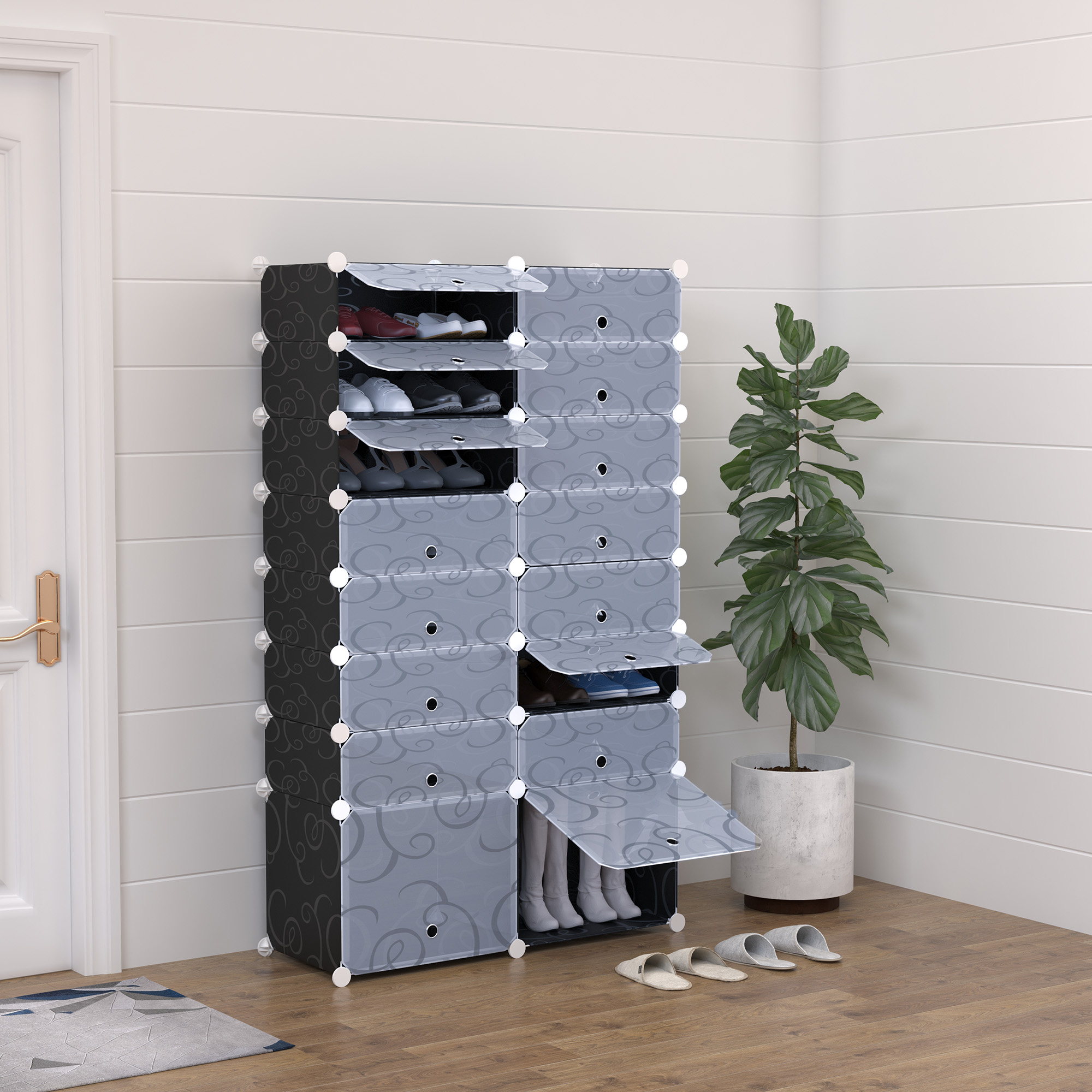 Platzsparender Schuhschrank, Schuhregal Aus Kunststoff Für Den Eingangsbereich, Modularer Kleiderschrank Für Wohnzimmer Und Flur, Schuhregal, Mehrzweckmodell 95 X 37 X 160 Cm, Schwarz-weiß