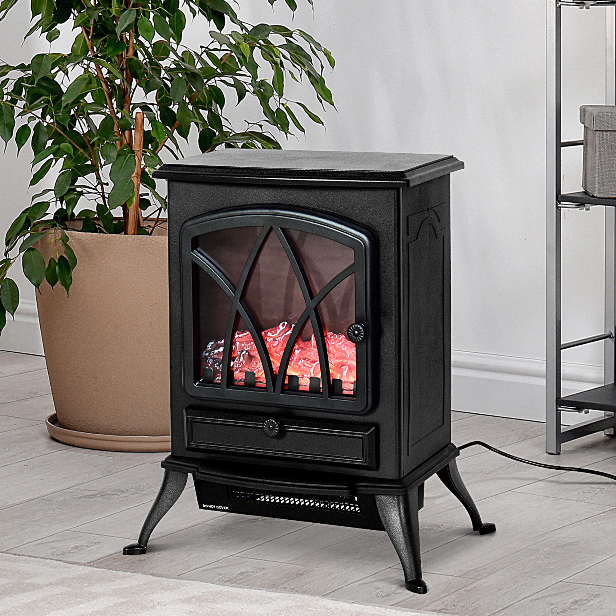 Tragbarer Elektrischer Kamin 1000w/2000w, Geräuscharm, Freistehend, Mit Flammeneffekt, 30 M² Heizfläche, Schwarz