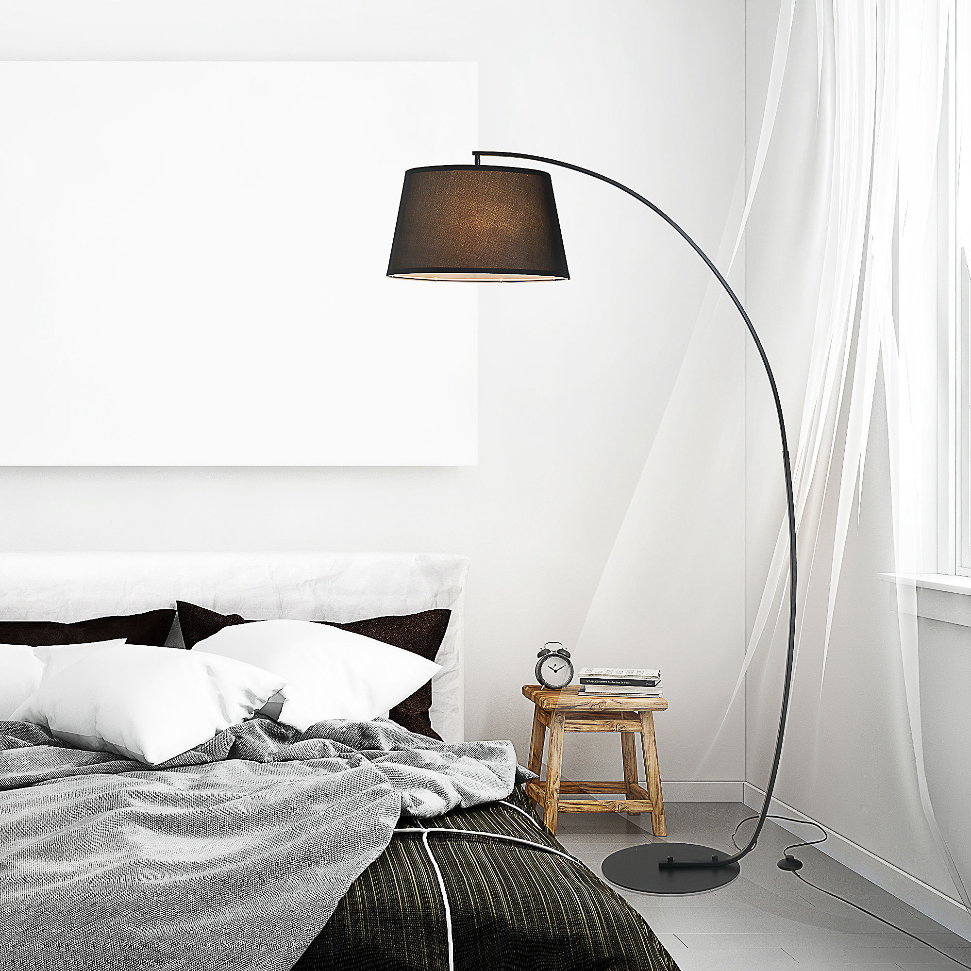 Bogenstehleuchte Mit Stoffschirm, Stehleuchte Mit Metallfuß Und Fußschalter, Ø 47 X 105 X 190 Cm, Schwarz