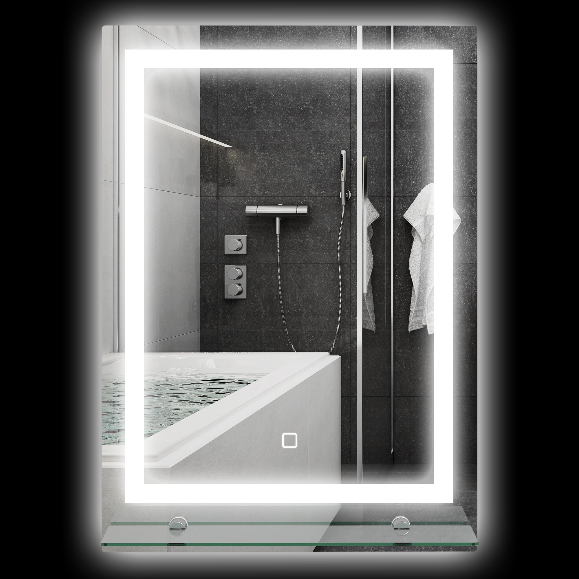 Led-wand-badezimmerspiegel Mit Integrierter Ablage, 3 Farben, Einstellbarer Helligkeit Und Berührungsschalter.