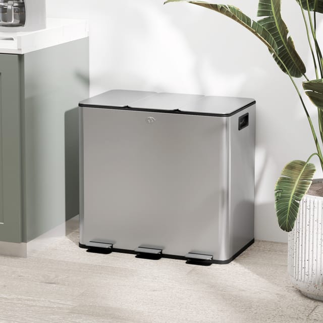 Küchenabfalleimer Aus Edelstahl Mit 3 Fächern (3 X 15 L) Mit Pedalen, Soft-close-deckeln Und Herausnehmbarem Eimer, Silber