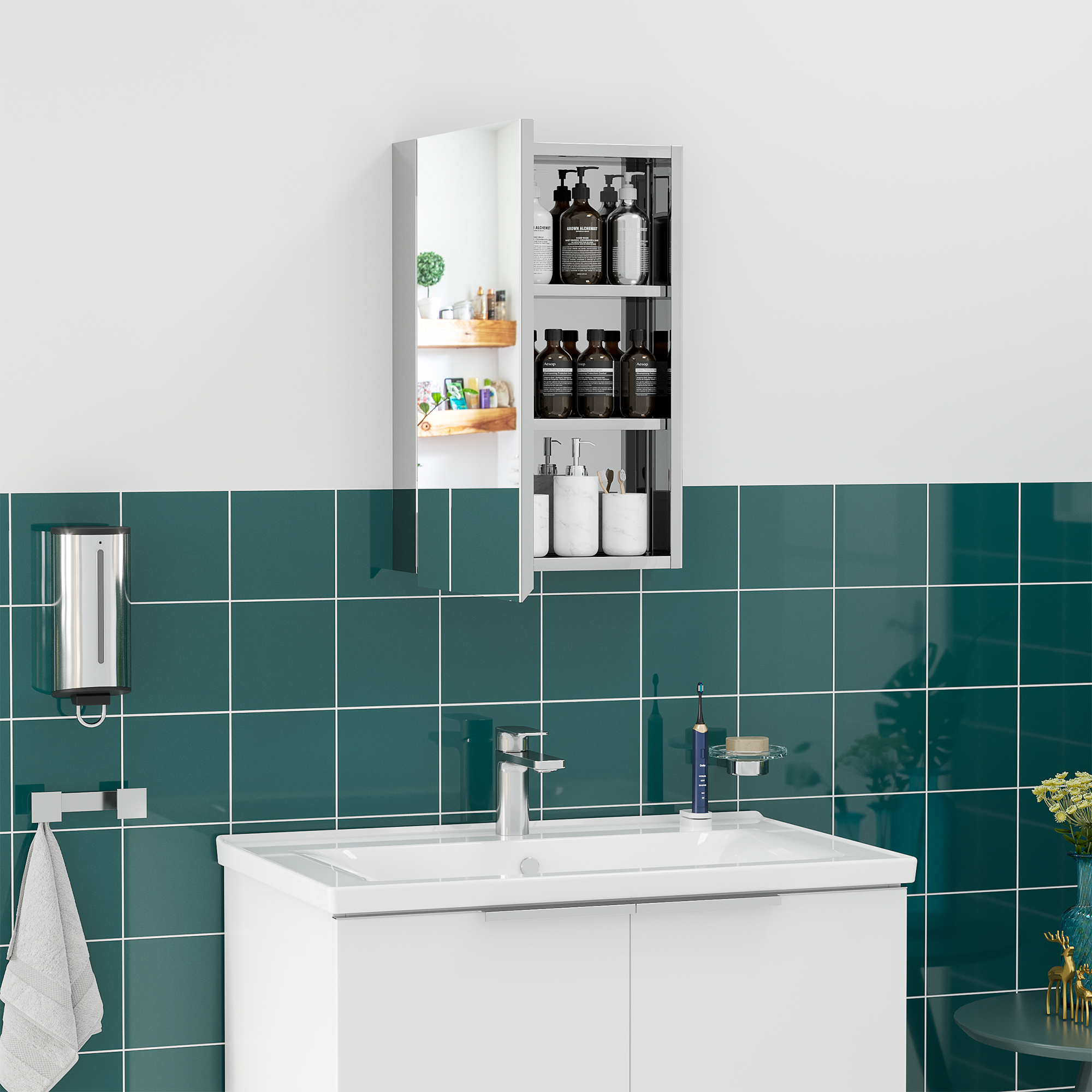Kleankin Badezimmerschrank Mit Spiegel, Wandschrank Mit 3 Ablagefächern Für Dusche Und Wc, 39 X 12 X 60 Cm, Silber