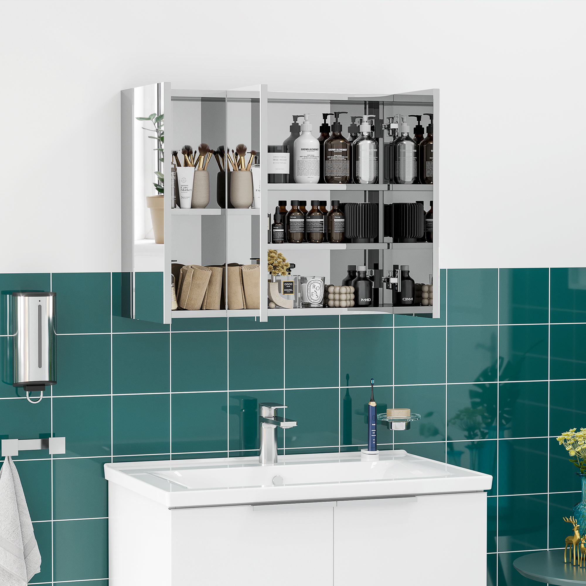 Kleankin Spiegelschrank, Badschrank, 3 Spiegeltüren, 5 Innenböden, Edelstahl, Farbe: Silber, 70 X 12 X 55 Cm