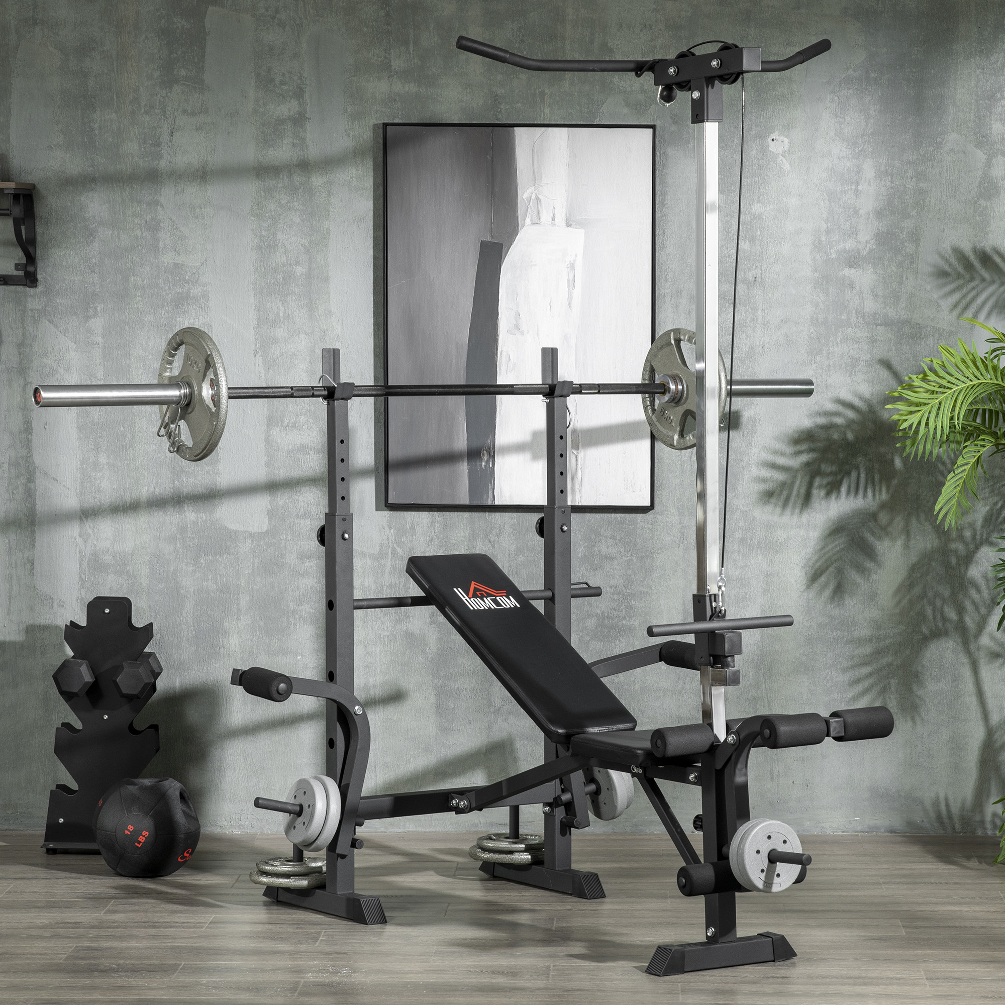 Homcom Verstellbare Multifunktions-hantelbank Für Ganzkörpertraining 180x134x200 Cm Silber Und Schwarz