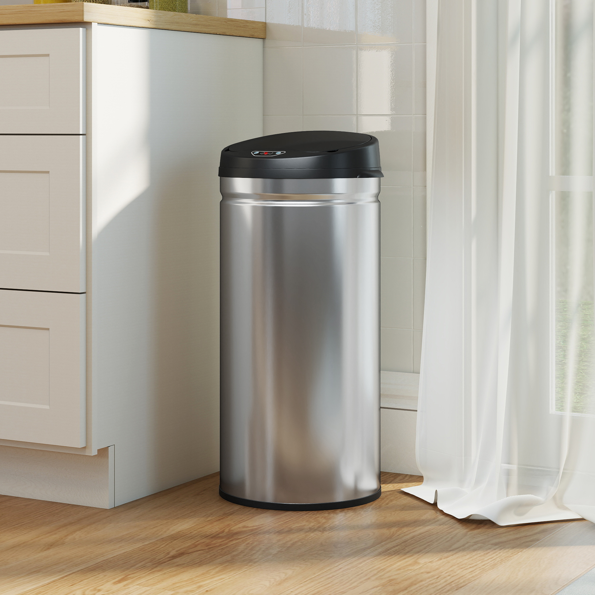 42-liter-abfalleimer Mit Bewegungssensor Und Automatischer Öffnung, Edelstahl- Und Abs-abfallbehälter, 30,5 X 30,5 X 68 Cm, Schwarz Und Silber