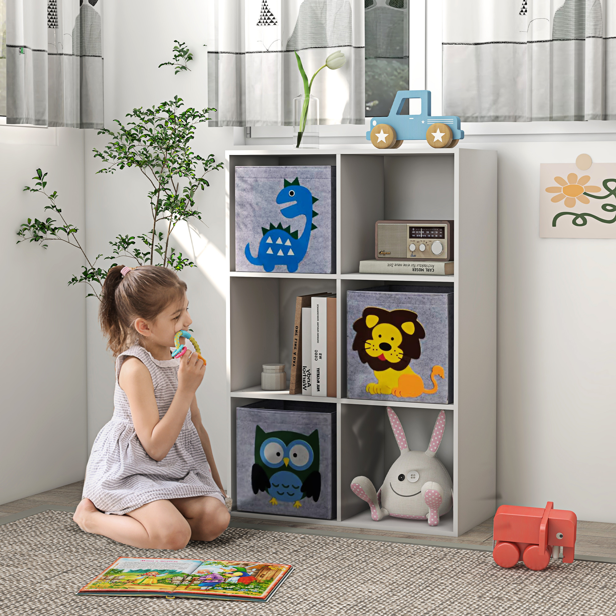 Kinderbücherregal Für Kinder Ab 3 Jahren Mit 6 Fächern Und 3 Schubladen, Vliesstoff, 61,8 X 29,9 X 91,5 Cm, Weiß Und Grau