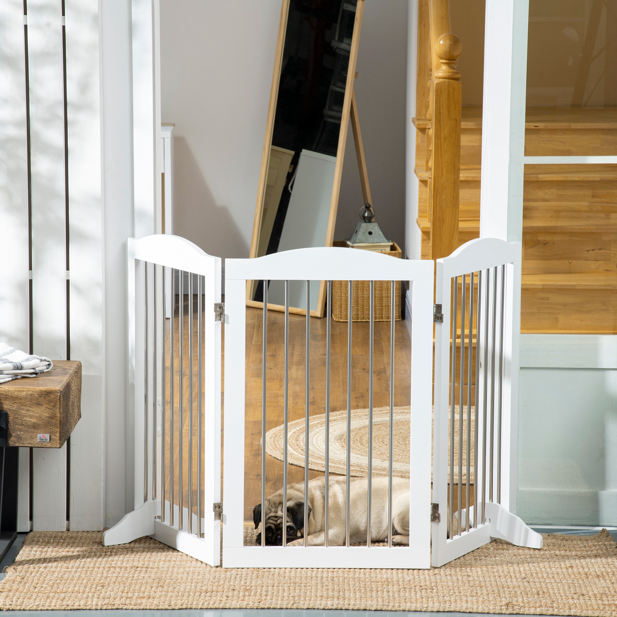 Pawhut Hundesicherheitsgitter Für Treppen Und Türen, Faltbar Mit Stützfüßen, 154 X 30 X 80 Cm, Weiß