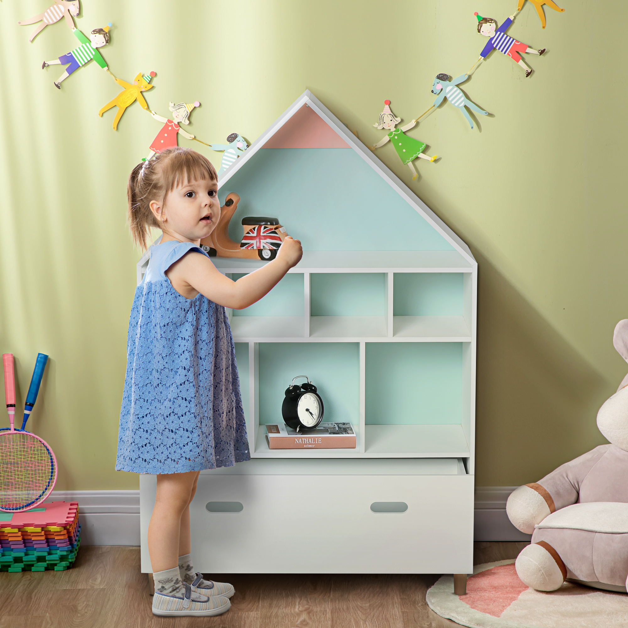 Weißes Bücherregal Mit Spielzeugablage Für Kinder- Und Jugendzimmer, Mit Würfelregalen, Zwei Wechselbare Farben, Blau Und Rosa, 82 X 30 X 126 Cm