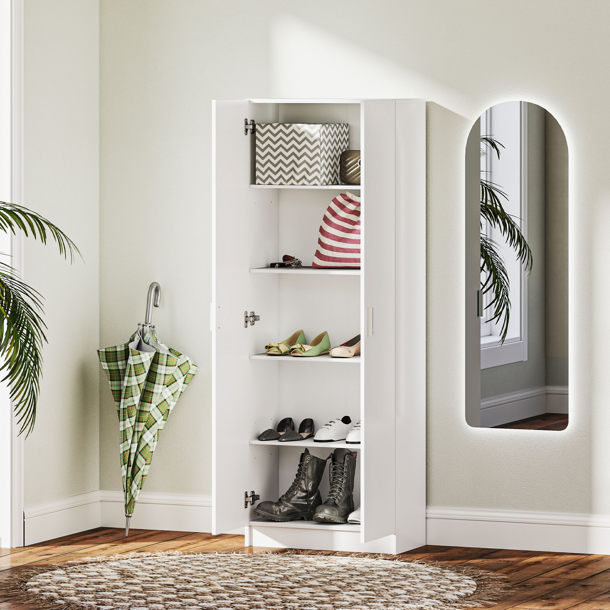 Mehrzweckschrank Mit Flügeltüren, 5 Einlegeböden Und 3 Verstellbaren Ebenen, Vielseitiger Sideboard-schrank Aus Spanplatte Für Küche, Schuhschrank, Flur, Schlafzimmer, Badezimmer, 60 X 31,5 X 165 Cm,