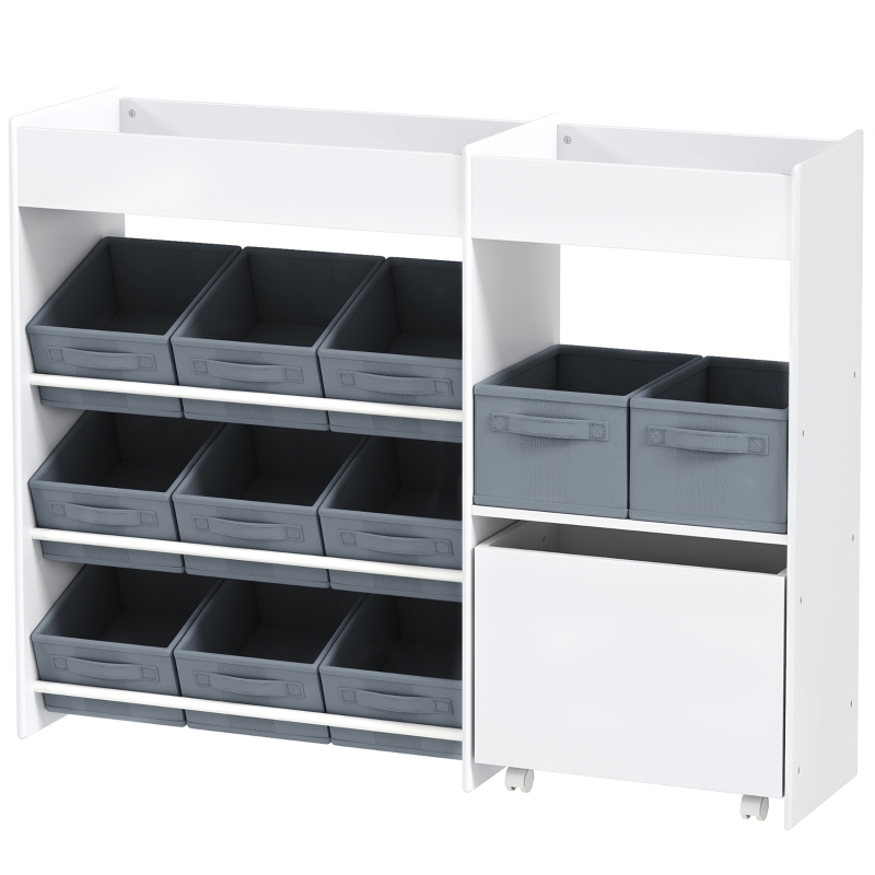 Kinder-aufbewahrungsregal, Spielzeugschrank Für Kinder Mit 11 Stoffboxen, Oberen Fächern, 3 Stickern, Weiß