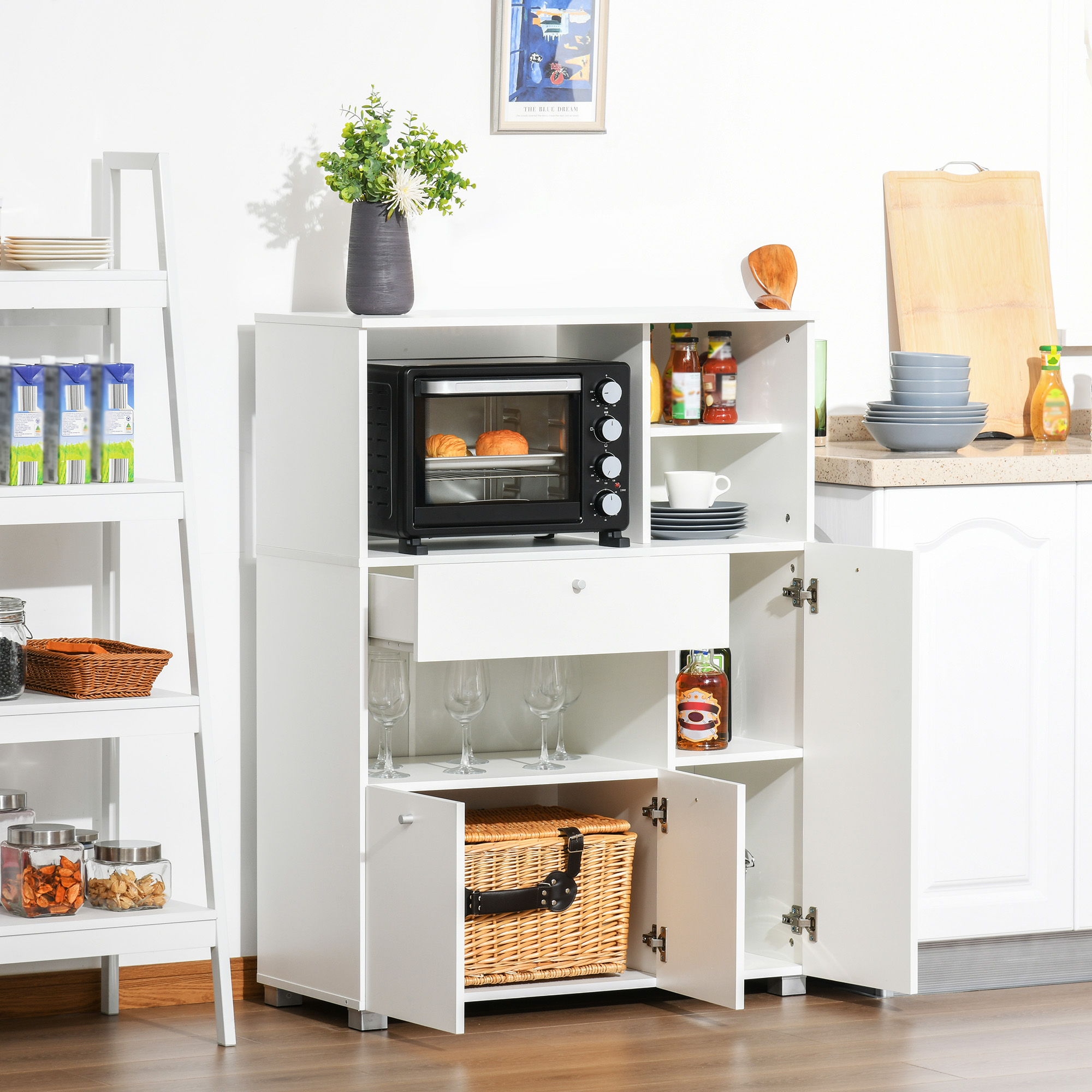 Küchenschrank Mit Mikrowelle Und Backofen, Küchenzeile Mit Schränken, Regalen Und Schublade, Moderner Vorratsschrank Aus Spanplatte Für Das Wohnzimmer, 90 X 40 X 120 Cm, Weiß