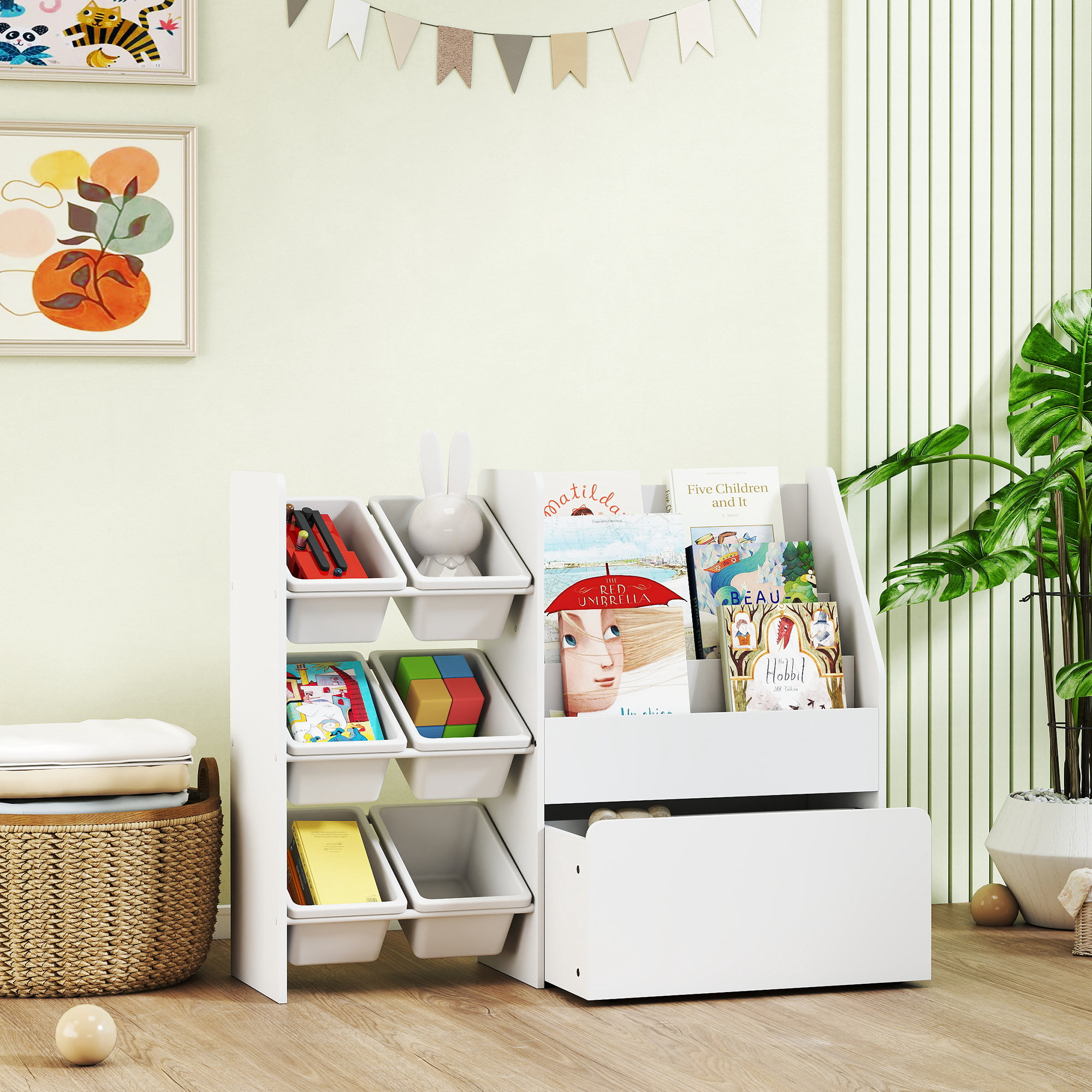 Spielzeugaufbewahrungseinheit Für Kinder Mit 6 Herausnehmbaren Boxen, 3 Offenen Regalböden Und Einer Schublade Mit Rollen Für Das Kinderzimmer