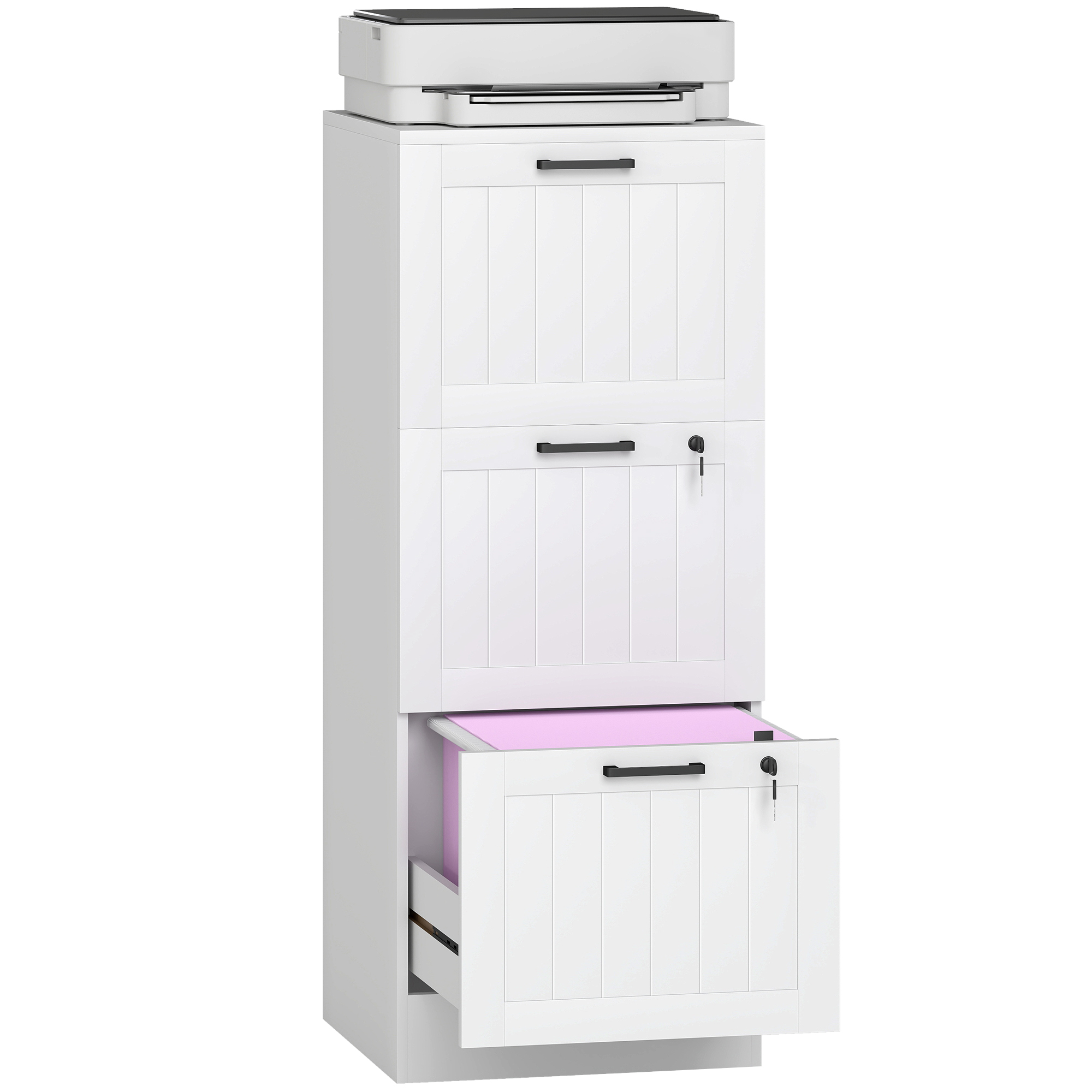 Büroschrank, Holzschrank Mit 3 Schubladen Und Schloss, Verstellbare Kleiderstangen, 40 X 40 X 101 Cm, Weiß