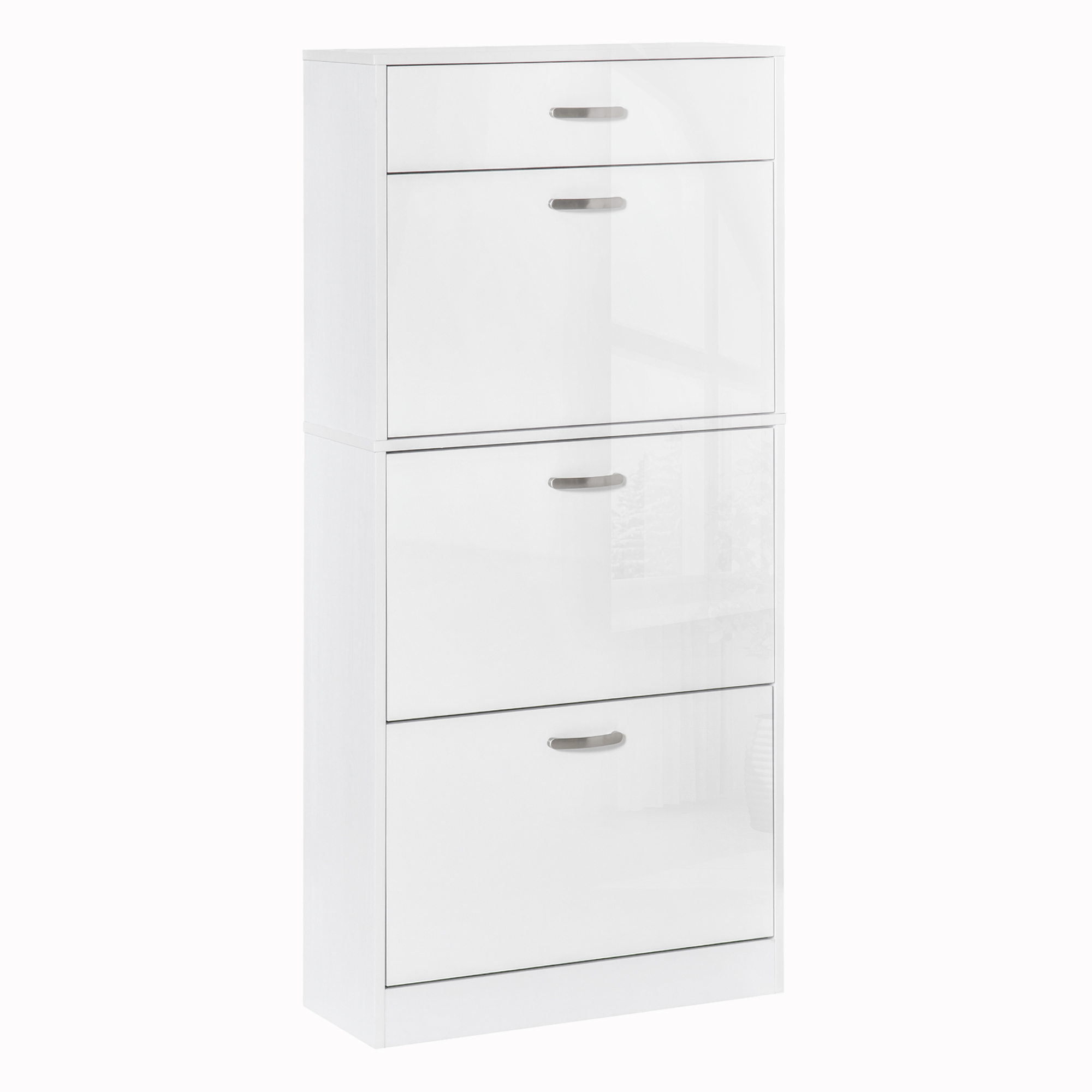 Schuhschrank – 3 Klapptüren Und Schublade – Maße: 62 Cm (b) X 24 Cm (t) X 135 Cm (h) – Aluminiumgriffe. Weiße Spanplatte.