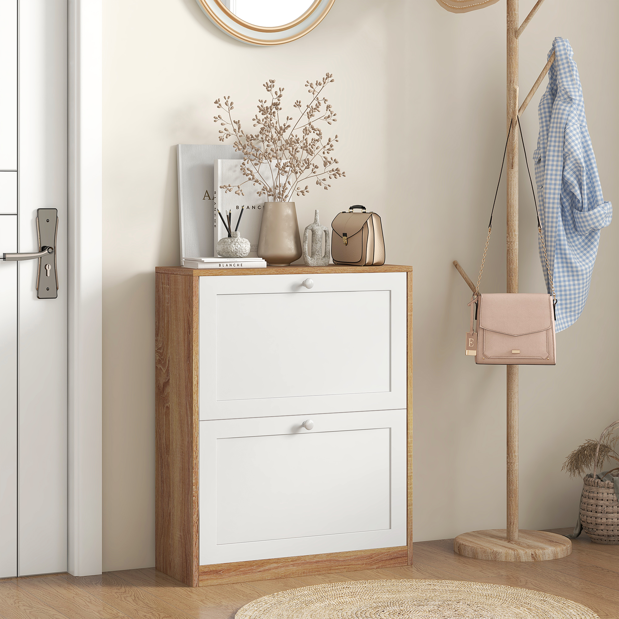 Schmale Schuhablage Mit 3 Verstellbaren Oder Herausnehmbaren Ablagen Für 12 Paar Schuhe, Platzsparender Schuhschrank Aus Spanplatte Und Mdf, 60 X 24,5 X 75,5 Cm, Weiß Und Eiche