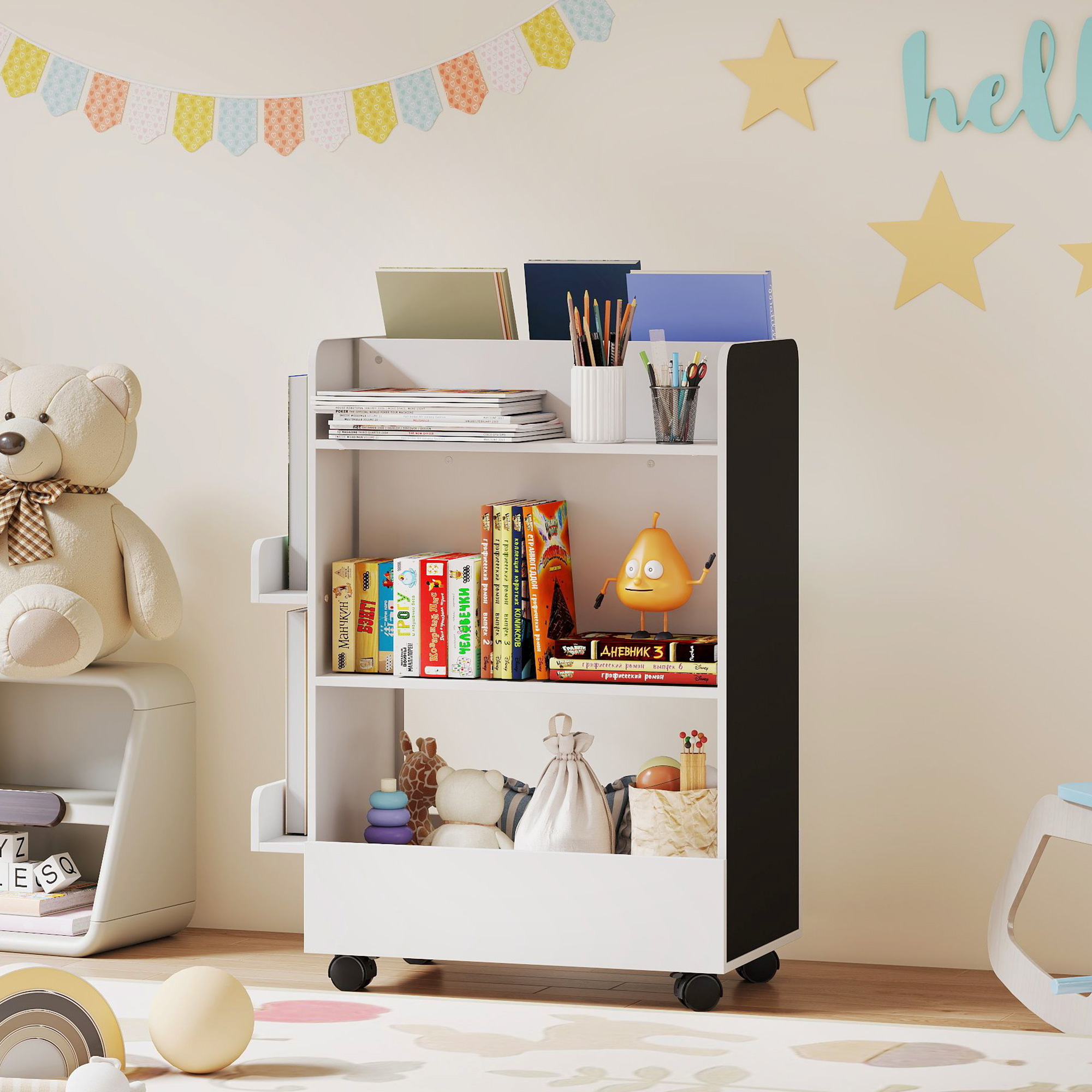 Montessori 2-in-1 Kinderbücherregal Mit Tafel Und Rollen, Fsc-zertifiziertes Holz, 4-stöckiges Bücherregal, Doppelseitige Aufbewahrungsmöglichkeit Für Spielzeug Im Kinderzimmer Und Babyzimmer, Weiß