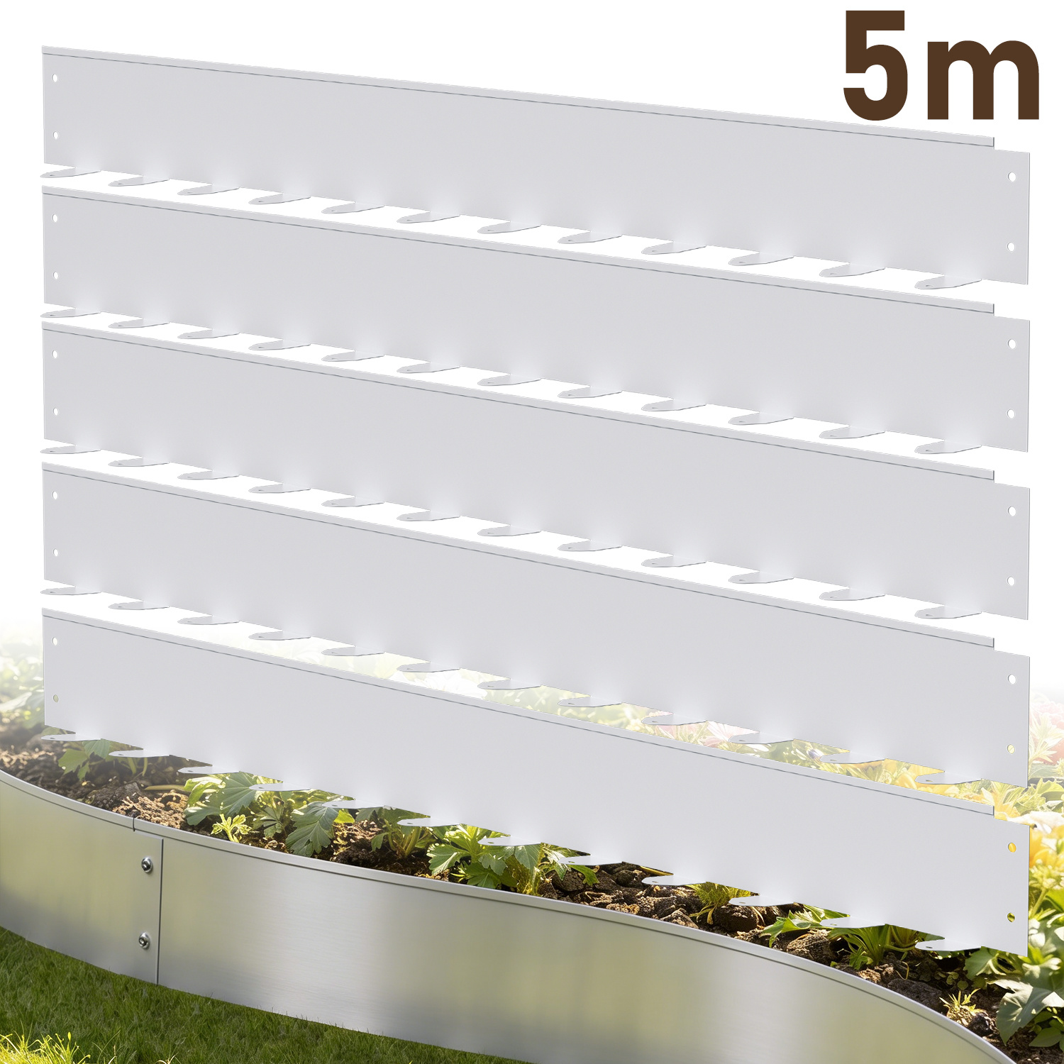 Randaco Bordüre Aus Flexiblem Stahl Für Garten & Rasen - 5 Paneele À 100 Cm (5 M Gesamtlänge) - Höhe 10 Cm - Farbe Silber - Inkl. 60 Erdankern & Befestigungsnägeln