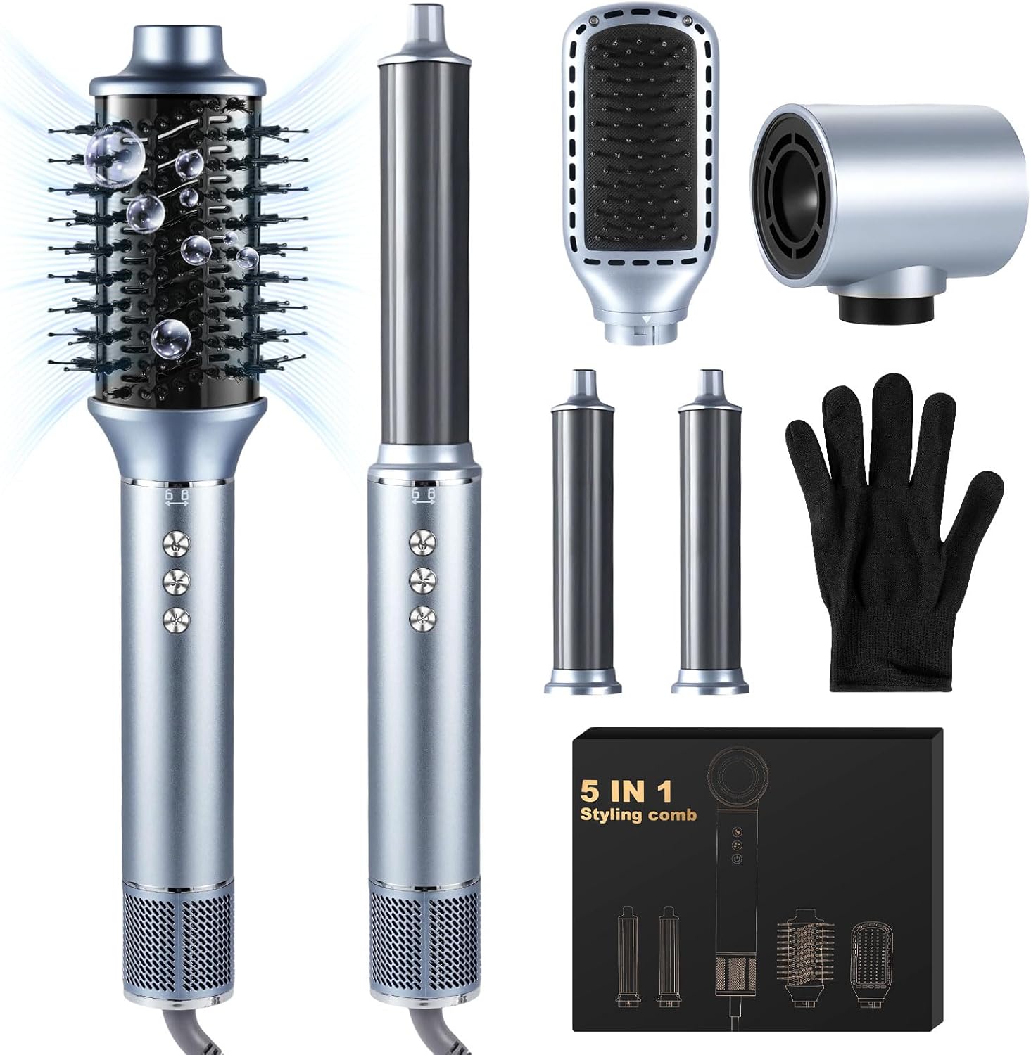 5-in-1 Airbrush-haarstyler, 1400-w-haartrockner Mit Airbrush, Glättbürste Und Lockenstab Zum Trocknen, Locken Und Glätten, Für Damen, 200 Millionen Negative Ionen – Grau