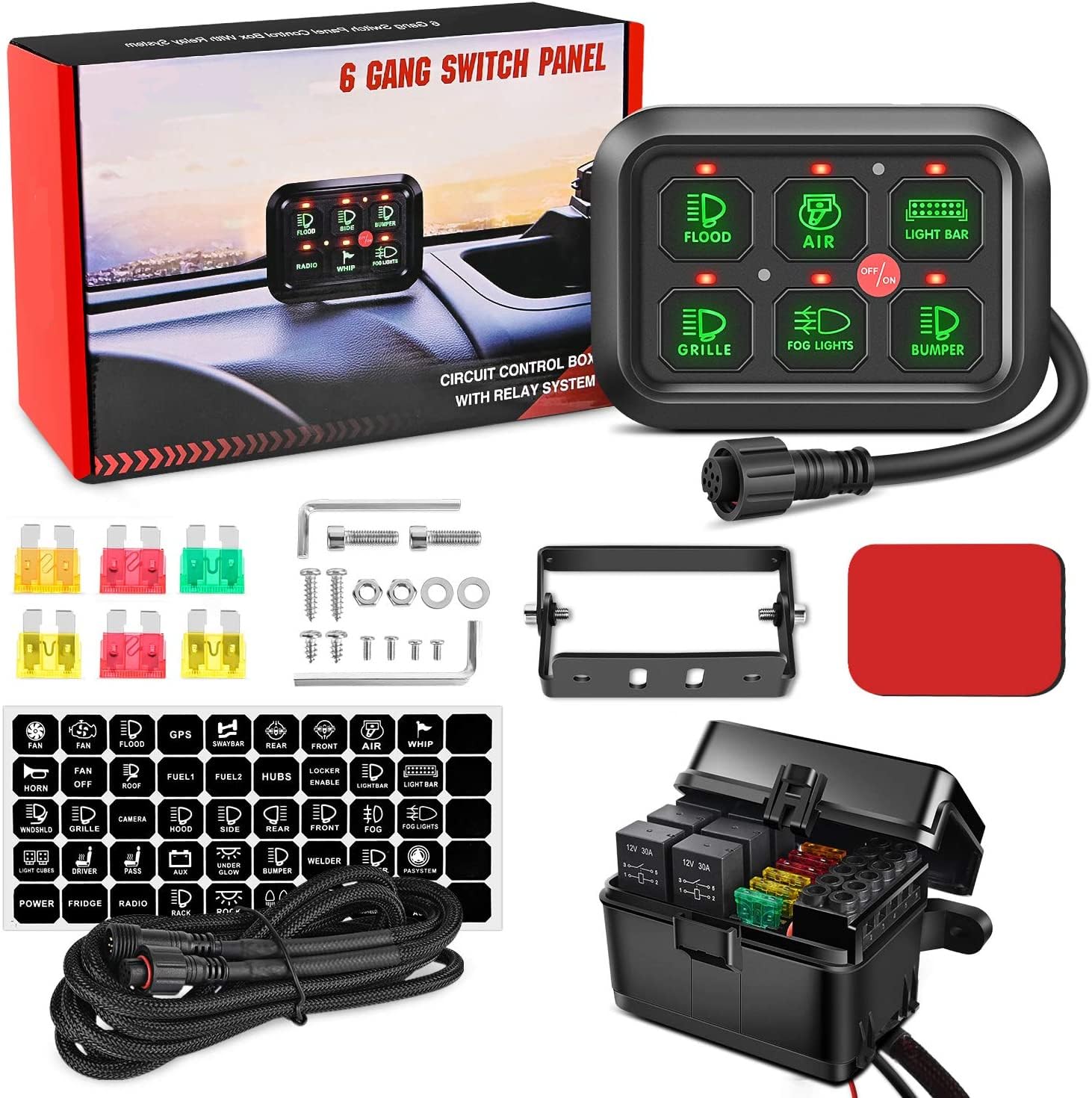 6-fach 12v-schalttafel, Universelles Stromkreis-relais-system Mit Siebenfarbigen, Dimmbaren Rgb-touch-schaltern Für Auto, Lkw, Suv, Boot
