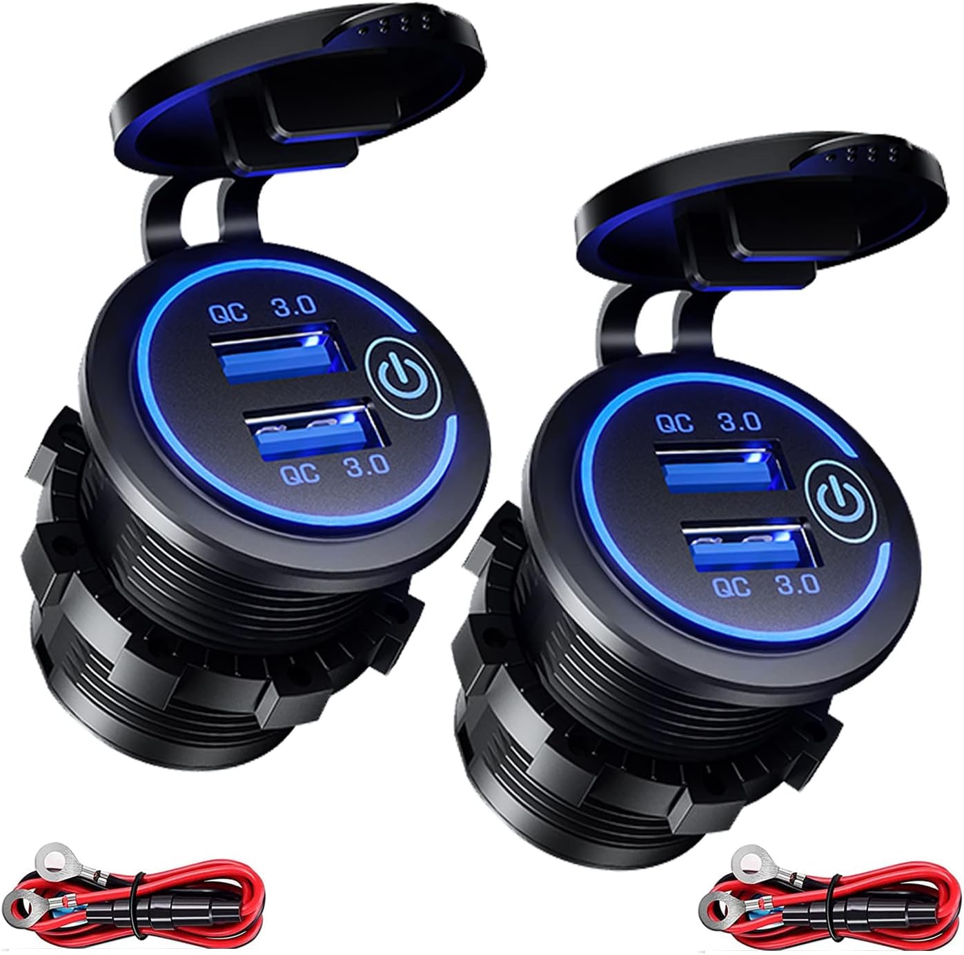 (2 Stück) Intckwan 2-port-usb-autoladegerät, Qc 3.0 36w Schnellladung Mit Schalter Und Blauer Led, Wasserdicht Und Staubdicht Für 12v24v Auto, Boot, Motorrad, Suv, Bus, Lkw, Wohnwagen