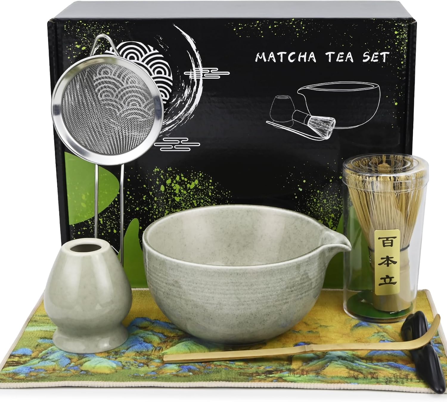 Matcha-set – 7-teiliges Komplettset: Bambusbesen, Schale, Teelöffel, Besenhalter, Geschirrtuch, Teelöffelhalter – Ideal Für Zuhause, Büro Und Als Geschenk (grün)