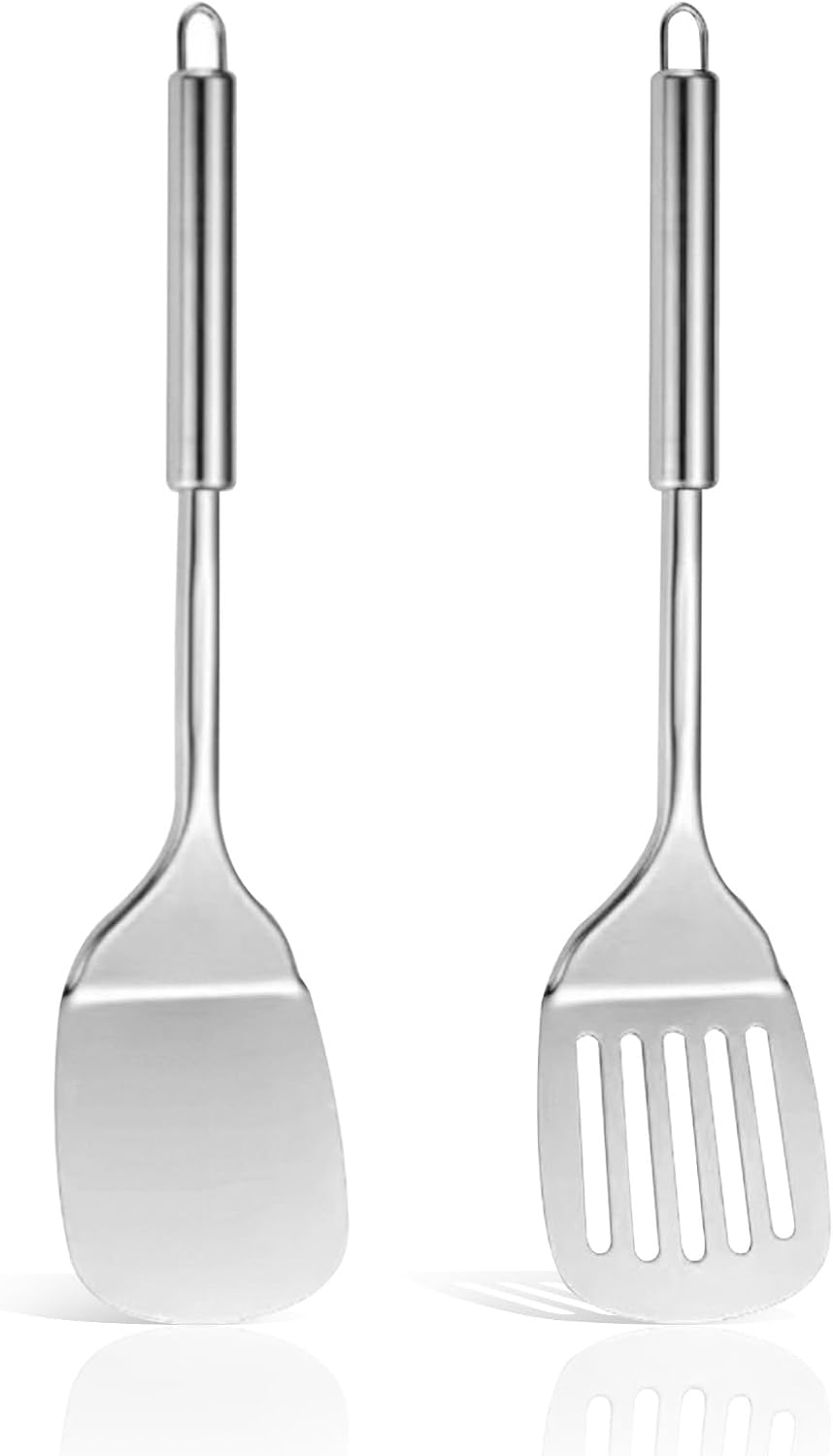 2-teiliges Küchenspatel-set Aus Edelstahl, Robuste Küchenutensilien Aus Edelstahl, Hitzebeständiger Spatel, Perforierte Servierschaufel In Silber, Spülmaschinenfest, Leicht Zu Reinigen