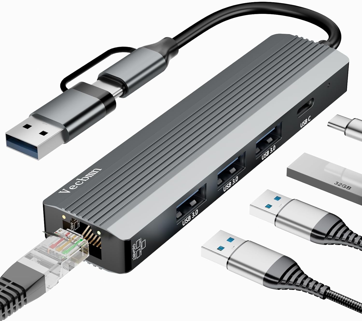 5-in-2 Usb-ethernet-adapter-hub/usb-c-adapter Mit Rj45-ethernet (1000 Mbit/s), 3 Usb-3.0-anschlüssen, Usb-c-anschluss Und Usb-typ-c-zu-ethernet-adapter Für Windows Xp/mac/linux/chromebook