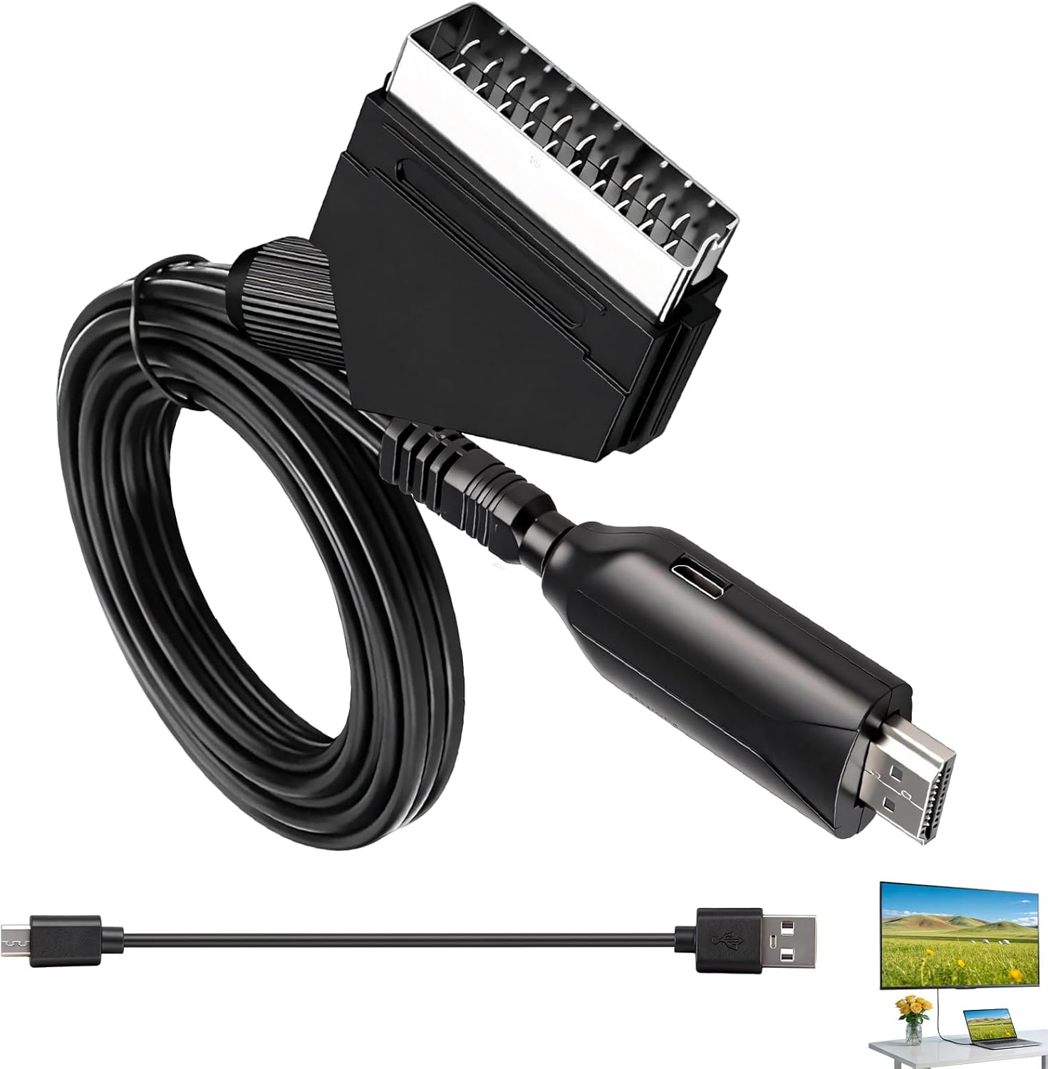 Scart-zu-hdmi-konverter 1080p/720p, Scart-zu-hdmi-adapter Mit Integriertem Kabel, All-in-one-audio-/video-konverter Für Hd-fernseher, Vhs, Dvd, Set-top-box, Ps3, Xbox, Sky, Blu-ray, Wechselstrom 100–2
