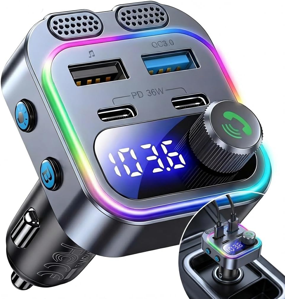 48-w-bluetooth-5.4-fm-transmitter Für Auto, Autoradio Mit Hifi-bassverstärkung, 30-w-pd- Und 18-w-qc-3.0-schnellladefunktion, Freisprecheinrichtung Mit Zwei Mikrofonen, Usb-/usb-anschluss, 12–24-v-zig