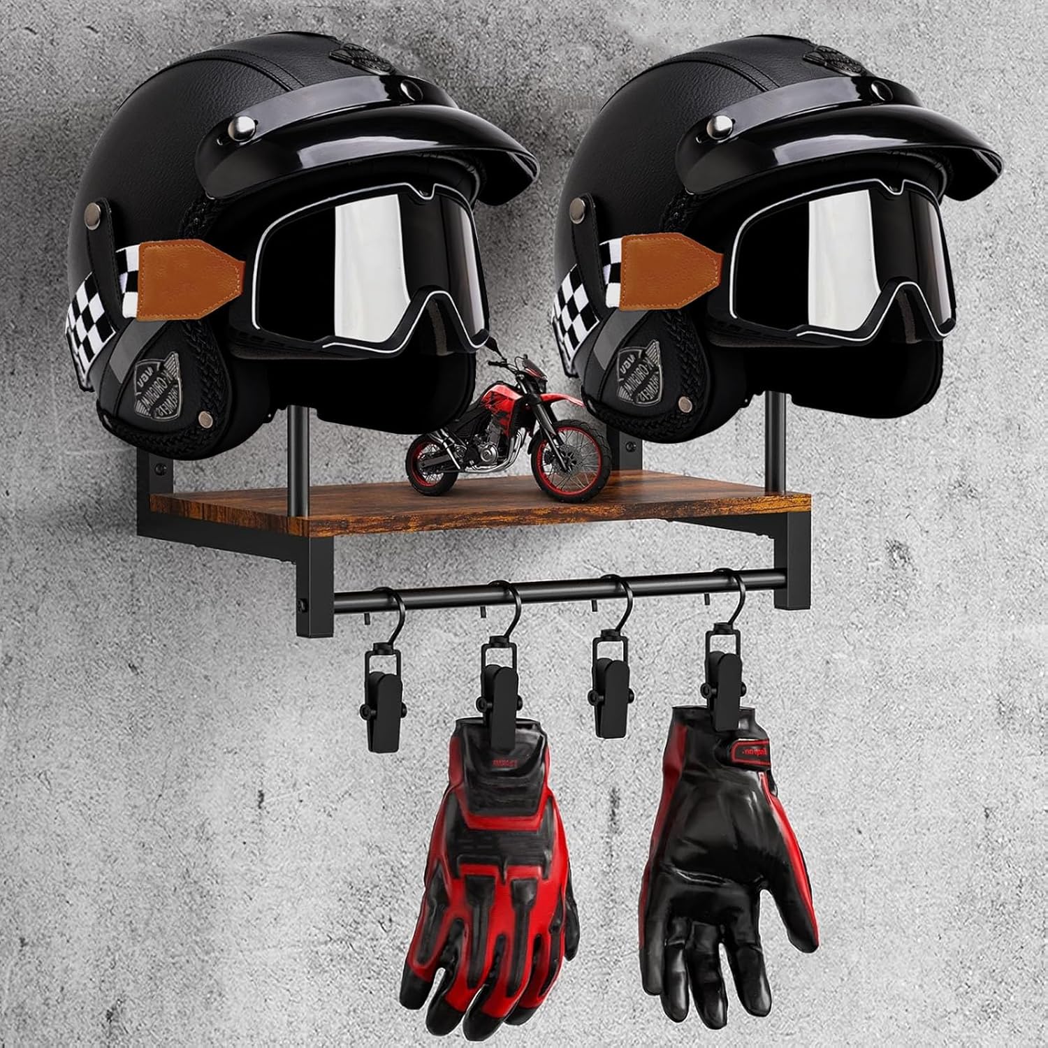 Motorradhelmhalterung, Wandmontierter Motorradhelmständer Für Baseballhelme, 2 Helme, Hutablage Mit 4 Aufhängeclips Für Motorradbekleidung Und Handschuhe
