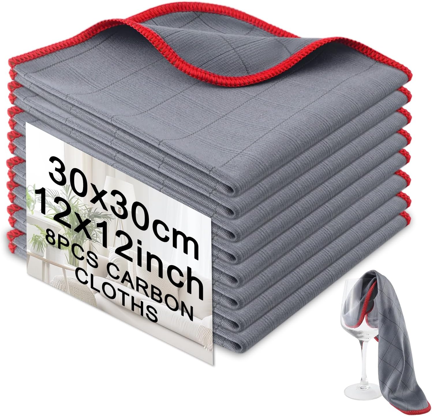 Magisches Mikrofasertuch Mit Carbonfaseranteil, 400 G/m², 8 Stück, 30 X 30 Cm, Streifenfreies, Saugfähiges Glaspoliertuch Für Fenster, Spiegel, Bildschirme, Fahrzeuge Und Alle Glatten Oberflächen