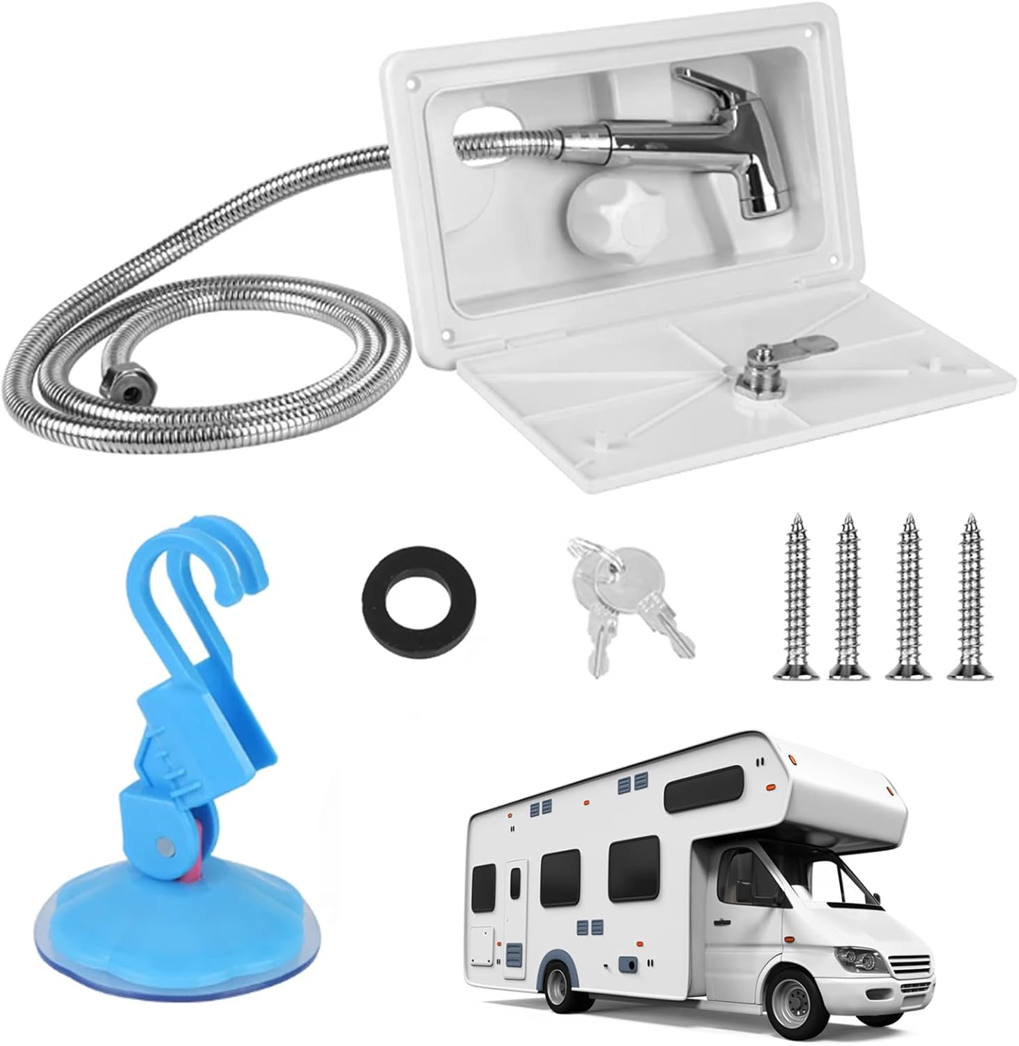 Außendusche Für Wohnmobile, Duschbox-set Mit Warm-/kaltwasserschalter Und Schloss, Geeignet Für Boote, Wohnmobile Und Wohnwagen – Weiß