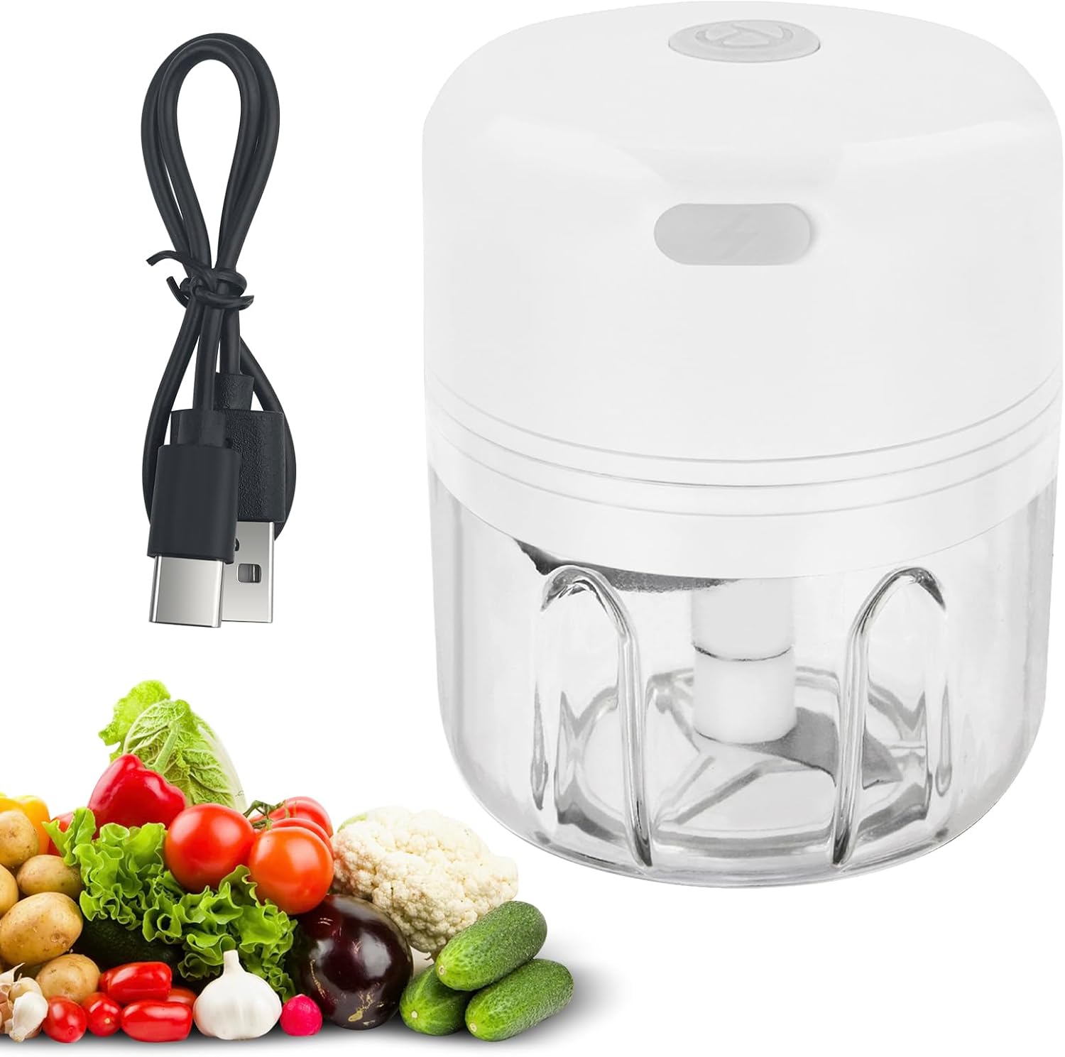 Elektrischer Zerkleinerer (250 Ml), Usb-aufladbarer Mixer, Tragbarer Mini-gemüseschneider Mit 3 Edelstahlklingen Für Zwiebeln, Knoblauch, Fleisch, Gemüse Und Obst (weiß)