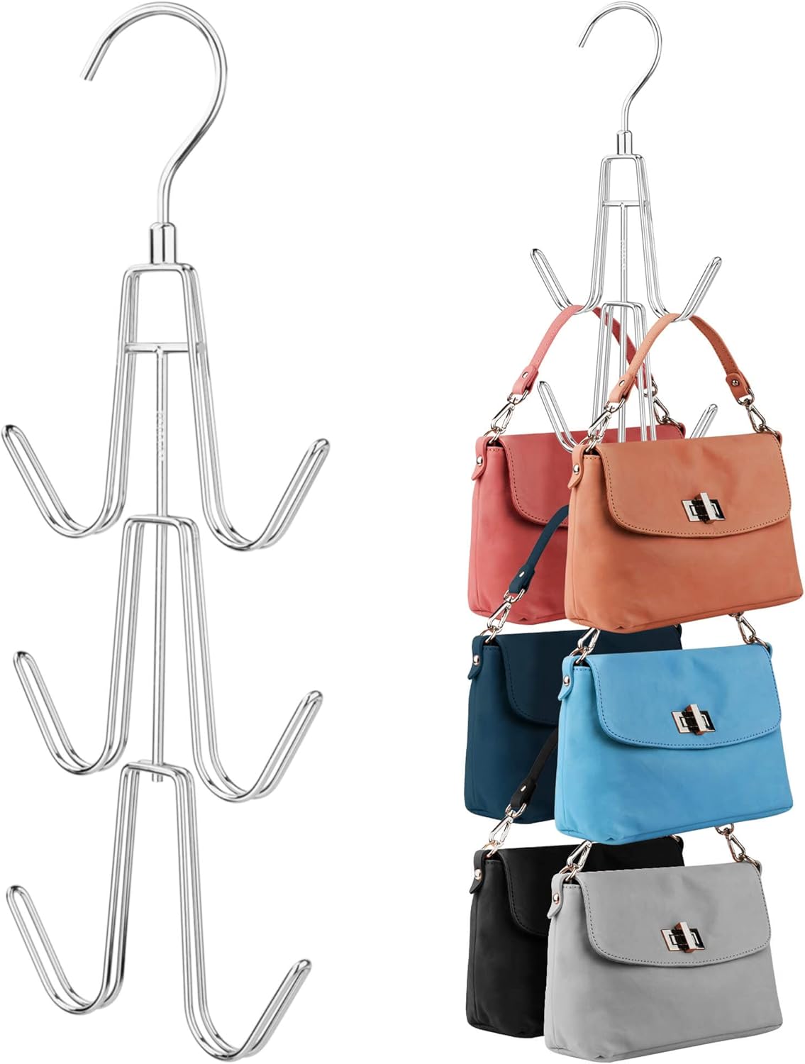 2er-pack Kleiderschrank-geldbörsen-organizer, Robuste Hängegarderobe Für Bis Zu 12 Geldbörsen, Drehbarer Metall-taschenhalter, Handtaschenhalter, Silberner Rucksackhalter