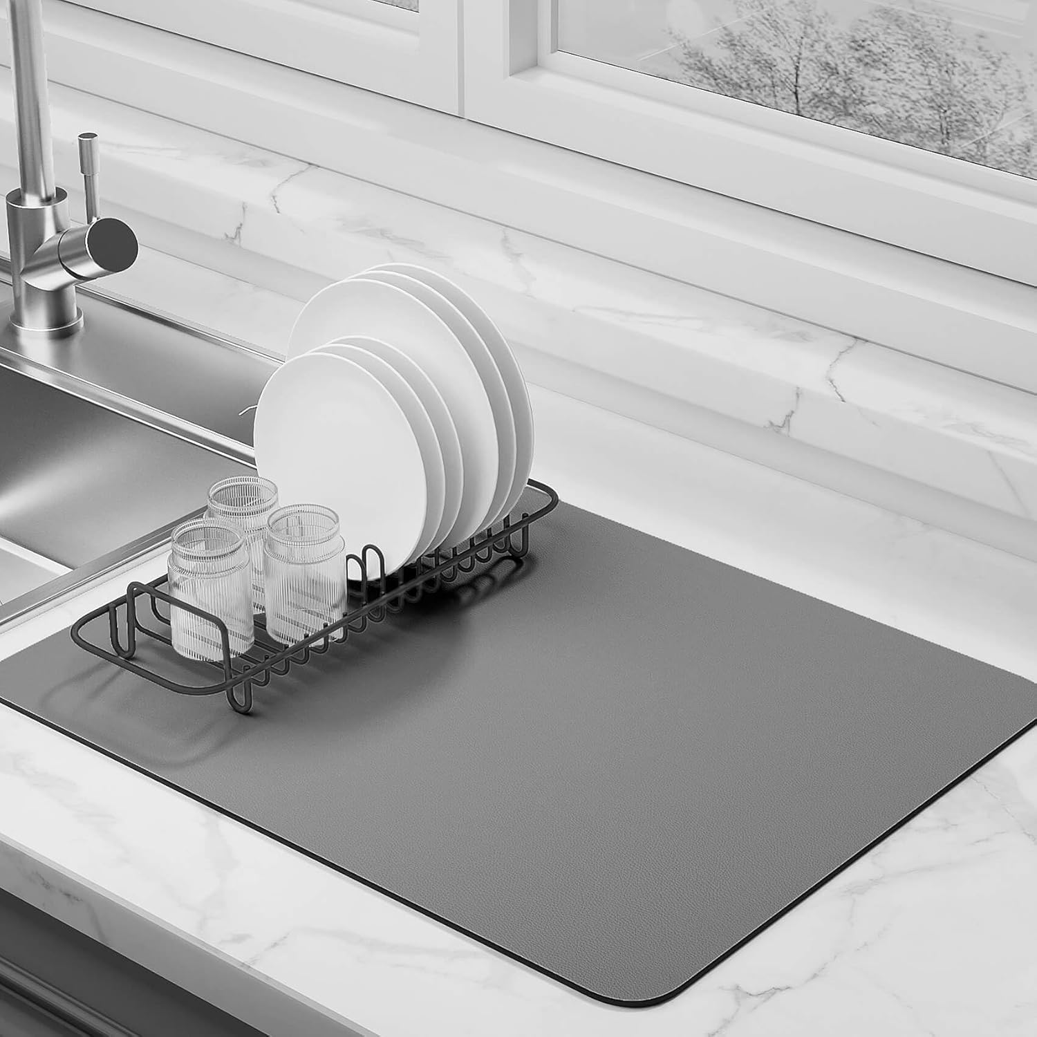Super Saugfähige Abtropfmatte Zum Trocknen Von Küchengeschirr, Rutschfeste Unterseite, Fleckenabweisend Und Leicht Zu Reinigen (grau, S-35,56×27,94 Cm)
