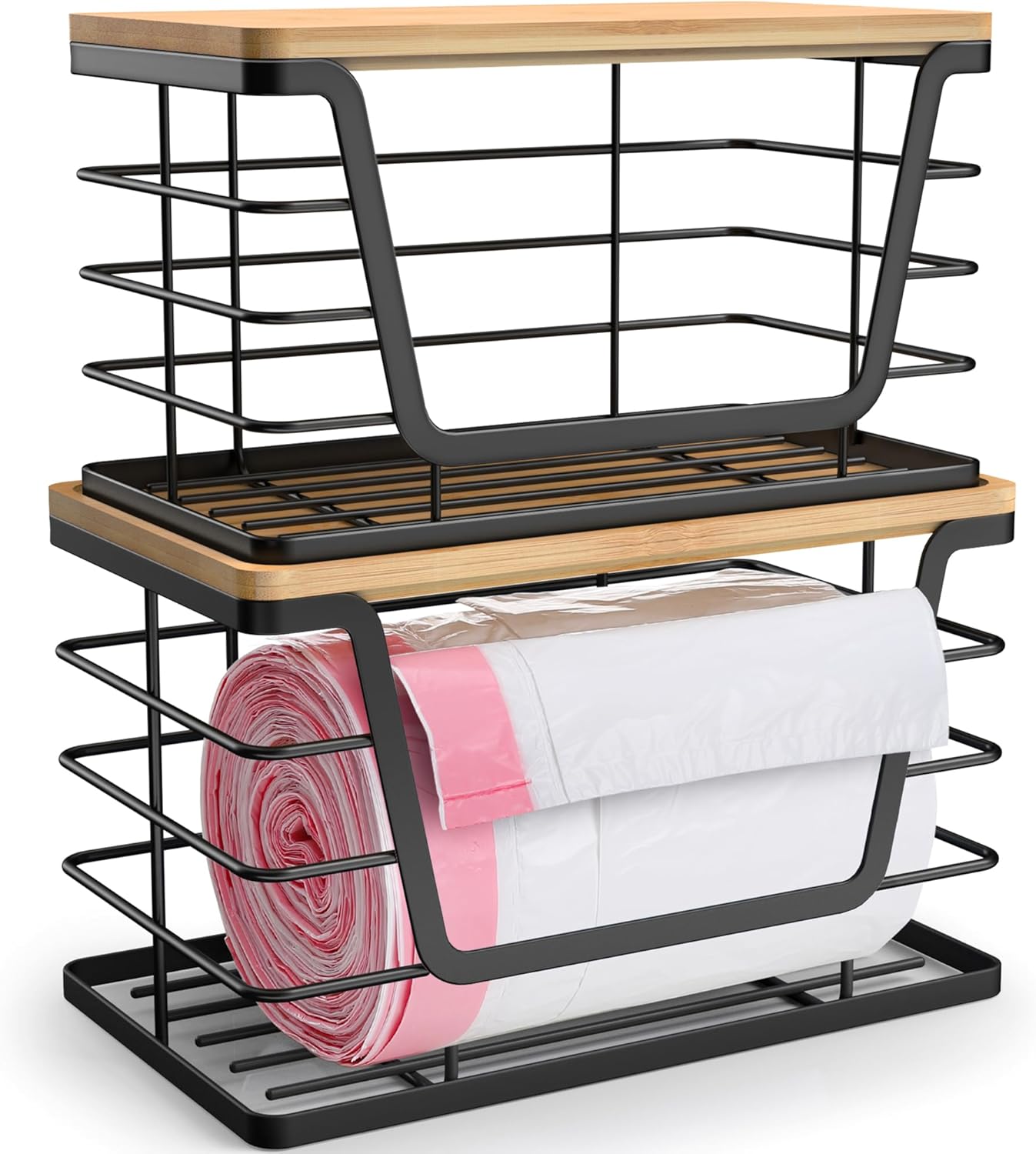 Stapelbarer Küchenwäsche-organizer Im 2er-pack Mit Bambusdeckel, Großem Müllbeutelhalter Und Kleinem Müllbeutelspender Für Die Arbeitsplatte.