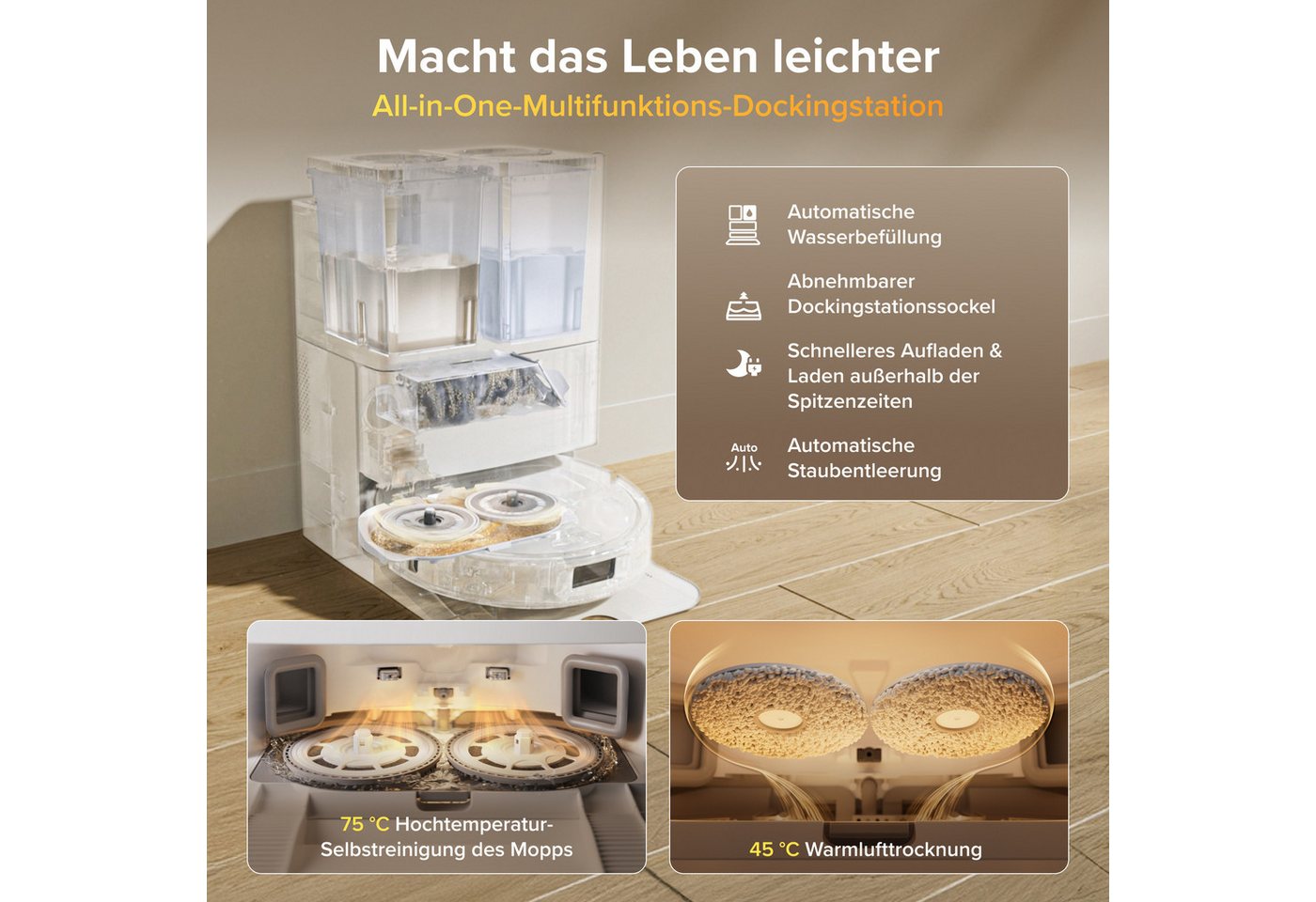 Roborock Qrevo S Pro Saugroboter Saugroboter Mit Absaugstation Wischfunktion, 18.500 Pa, 75 °c Heißwasser-moppreinigung, Anti-tangle System, Reactive Tech Hindernisvermeidung, All-in-one Dock Weiß Bild 4