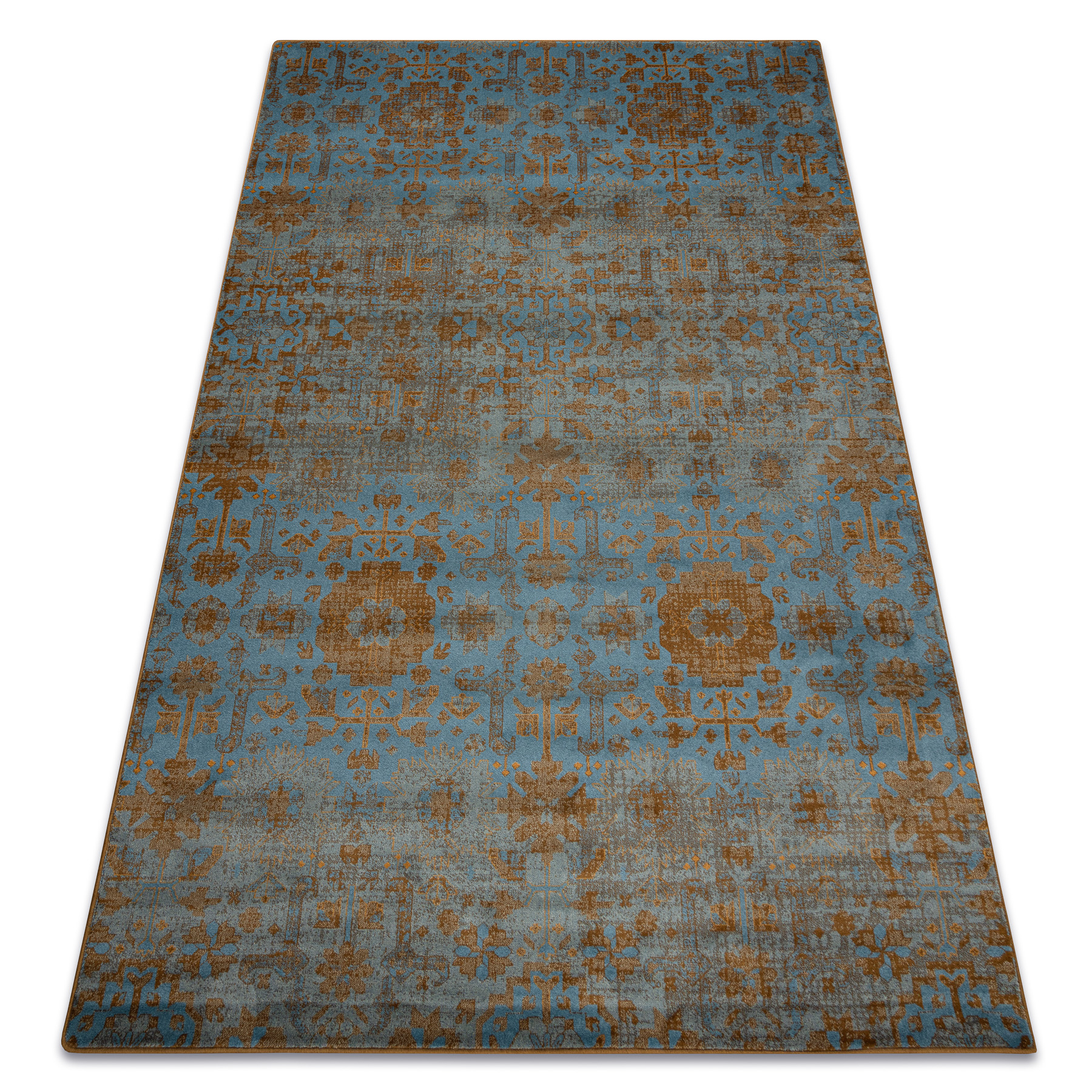 Wollteppich Omega Karaja Blumen Messing, Gold Blue 170x235 Cm