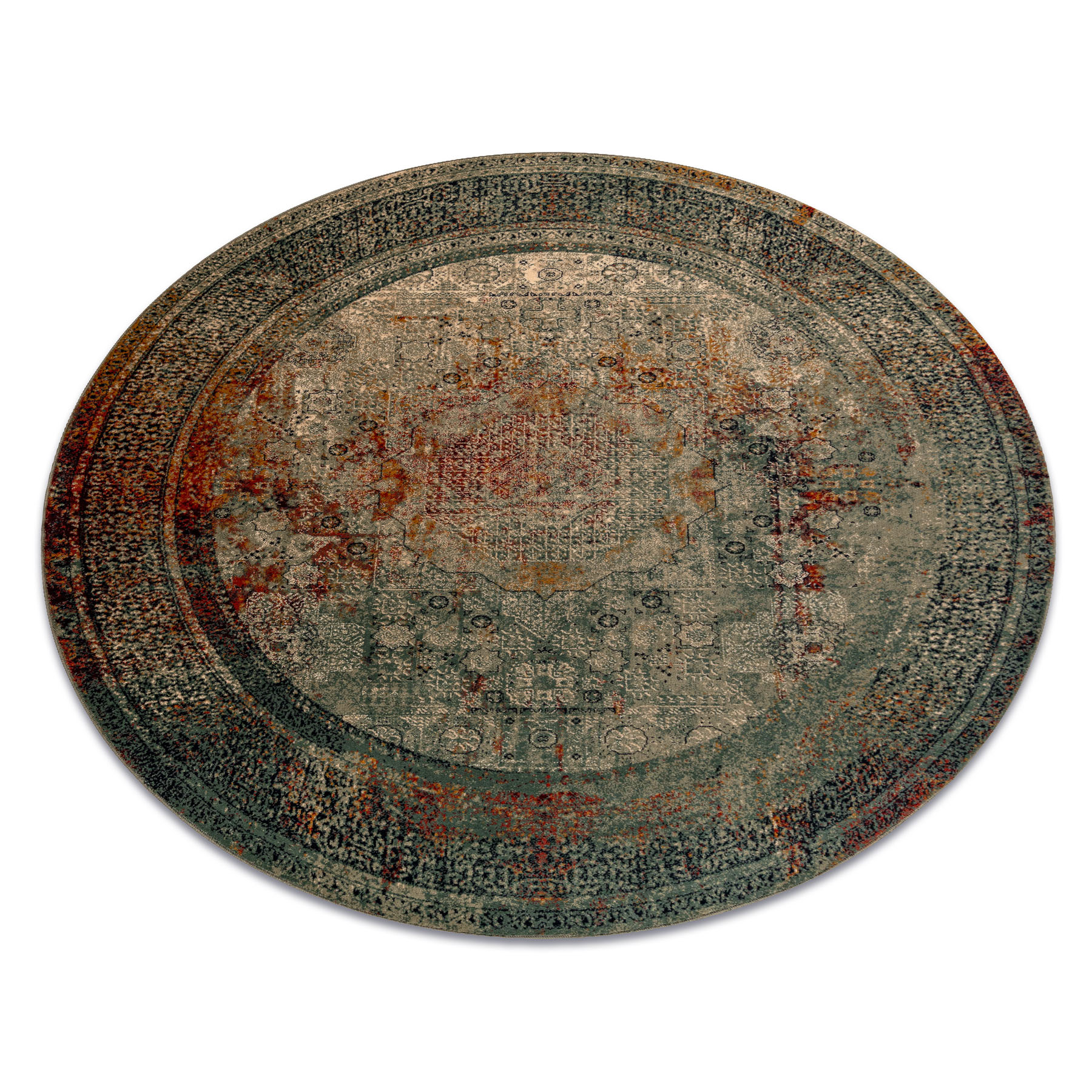 Wollteppich Omega Mamluk Kreis - Rosette Vintage Smaragd Green Rund 135 Cm