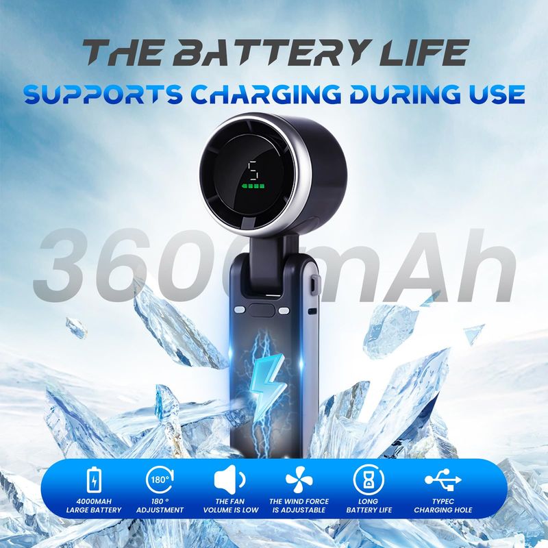 Faltbarer Und Tragbarer Ventilator Mit Usb-c-schnellladefunktion, 3600-mah-akku, 5 Geschwindigkeitsstufen, Inklusive Kabel – Für Bis Zu 6 Stunden Kühlung.