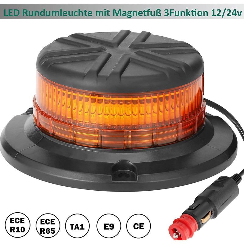 12/24v Led-drehwarnleuchte Mit Magnet, Orange, Ece R10 R65, Orange Led-drehwarnleuchte Für Lkw Und Traktoren, 45 Leds, Blinkendes Notfallwarnlicht, Gelbe Magnetwarnleuchte Für Landwirtschaft Und Pkw