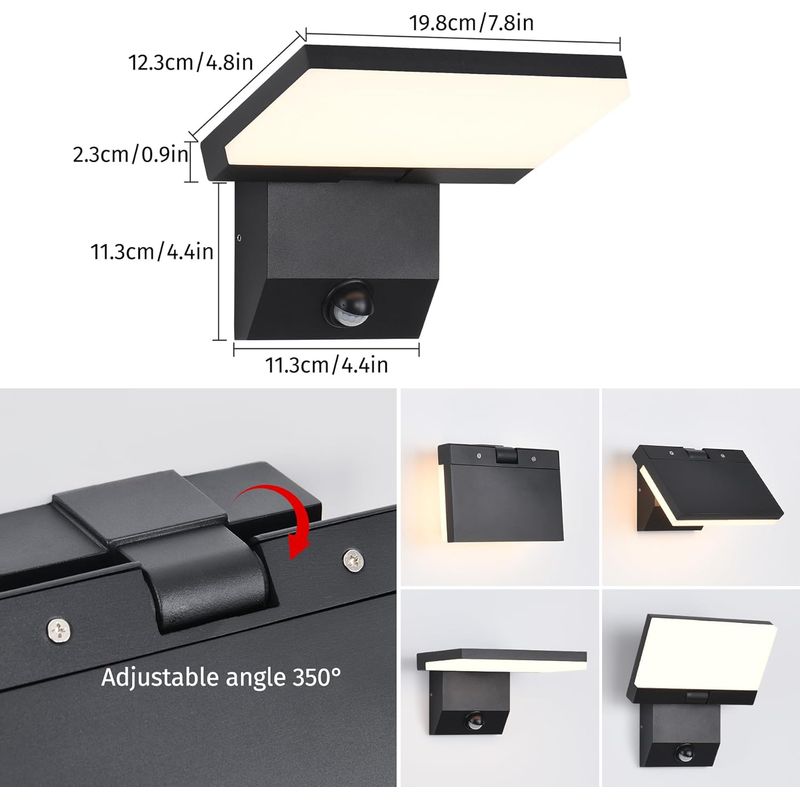 Außenwandleuchte Mit Bewegungsmelder, 22-w-led-wandleuchte Für Den Innen- Und Außenbereich, Ip65 Wasserdicht, 3000 K Warmweißes Licht, Mit Um 350° Drehbarem Led-panel Aus Aluminium Für Die Terrasse, S