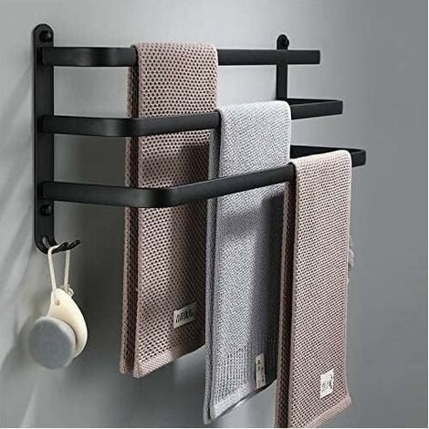 Handtuchhalter Für Badezimmer, Schwarze, Selbstklebende Wandhandtuchstange Für Dusche Und Küche, Wasserfeste Türstange Mit Haken (schwarz, 60 Cm)