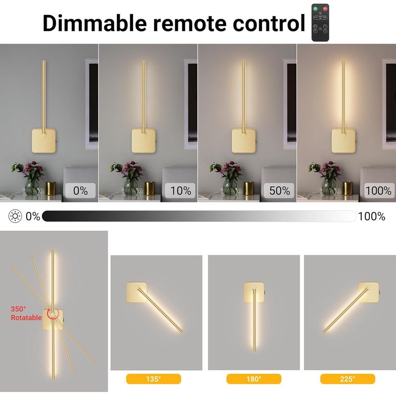 Led-wandleuchte Für Den Innenbereich Mit Kabellosem Akku, 3 W, 3000 K, Fernbedienung, 5000 Mah Akku, Usb-c-anschluss, 350° Drehbar, Dimmbar Und Mit Timerfunktion, Für Wohnzimmer, Messing