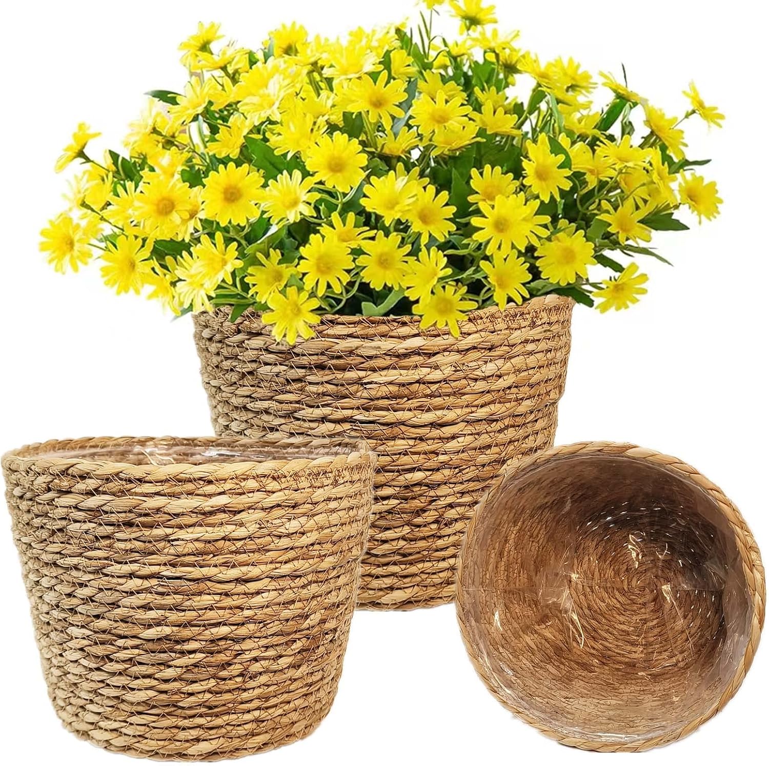 Set Mit 3 Seegras-pflanztöpfen – Naturgeflochtener Korb Mit Wasserdichter Auskleidung – Dekoration Für Drinnen Und Draußen – Durchmesser 18 Cm Bis 25 Cm