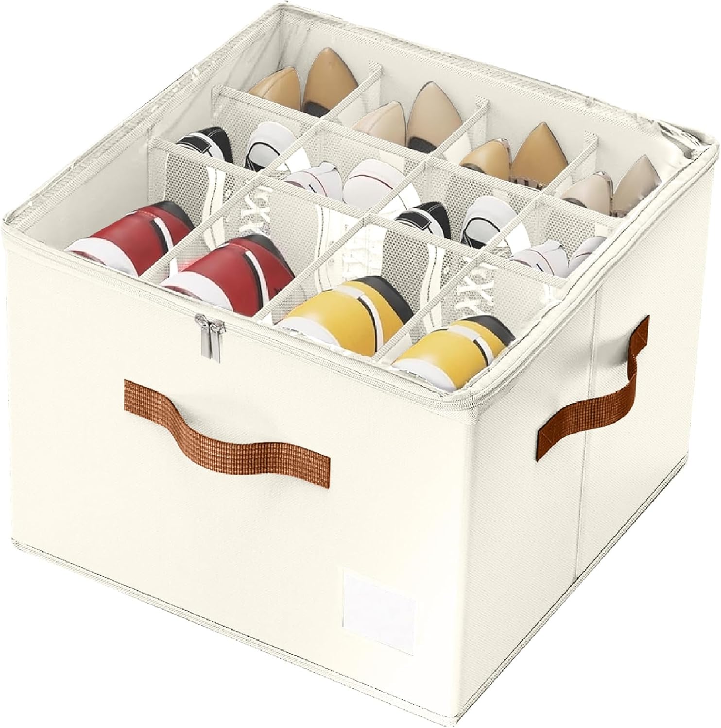 Faltbarer Schuh-organizer, 12 Fächer Mit Transparentem Deckel Und Griffen, Für Den Kleiderschrank, Beige