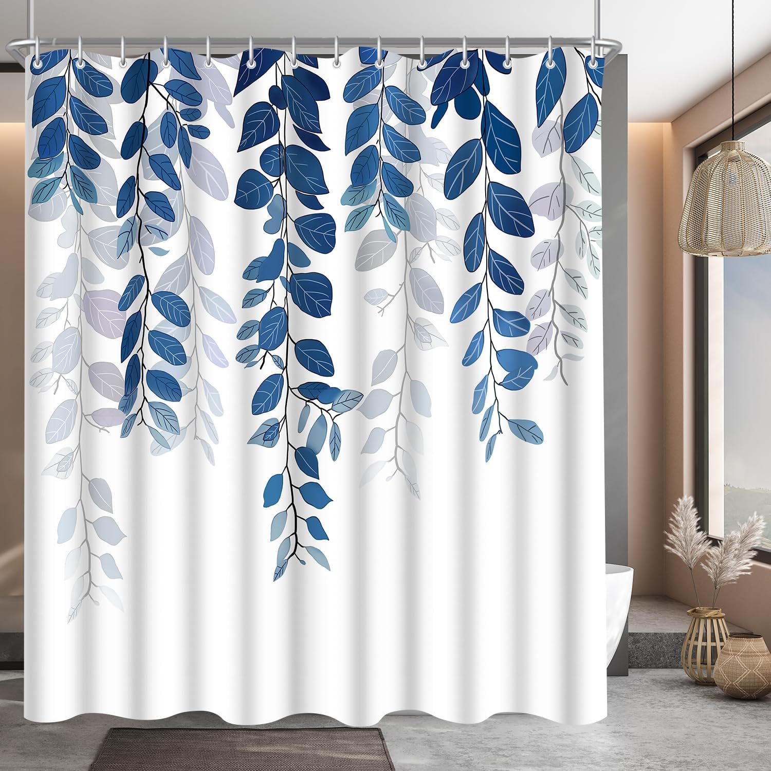 Duschvorhang, 120 X 200 Cm, Blaues Blattmuster, Schimmelresistentes Polyester, Wasserdicht, Waschbar, 8 Ringe, Badezimmer