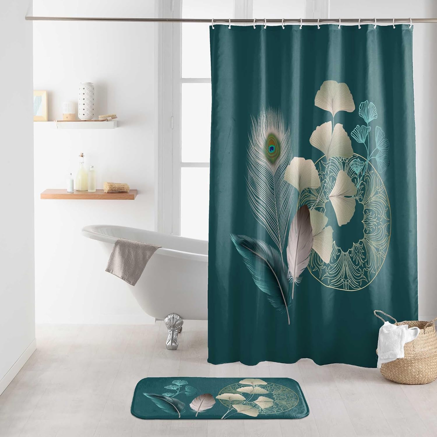 Duschvorhang Mit Haken, Bedrucktes Polyester, Ginkgoblau, 180 X 200 Cm, Für Badezimmer